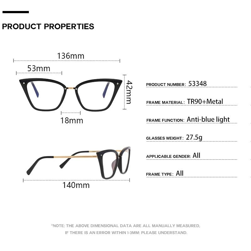 CCspace Unisex Full Rim Square Cat Eye Titanium Frame Eyeglasses 53384 - Lightweight & Durable Glasses for Work, Reading & Fashion