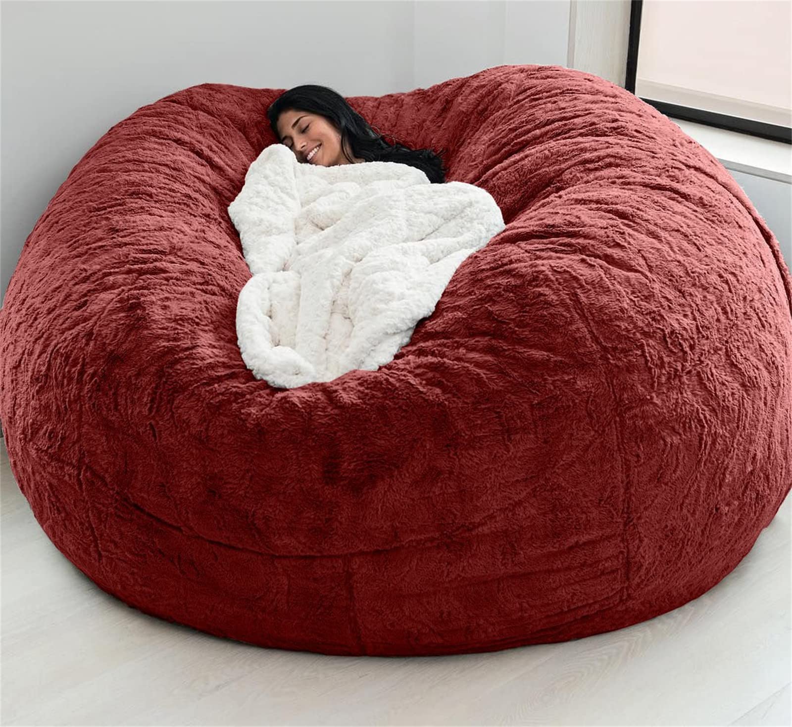 Giant 5FT Faux Fur Bean Bag Chair Cover - Soft Fluffy Round Sofa Bed Cover for Living Room, No Filler Included (Wine Red) - Perfect for Cozy Movie Nights, Gaming Sessions & Kids Playroom Decor