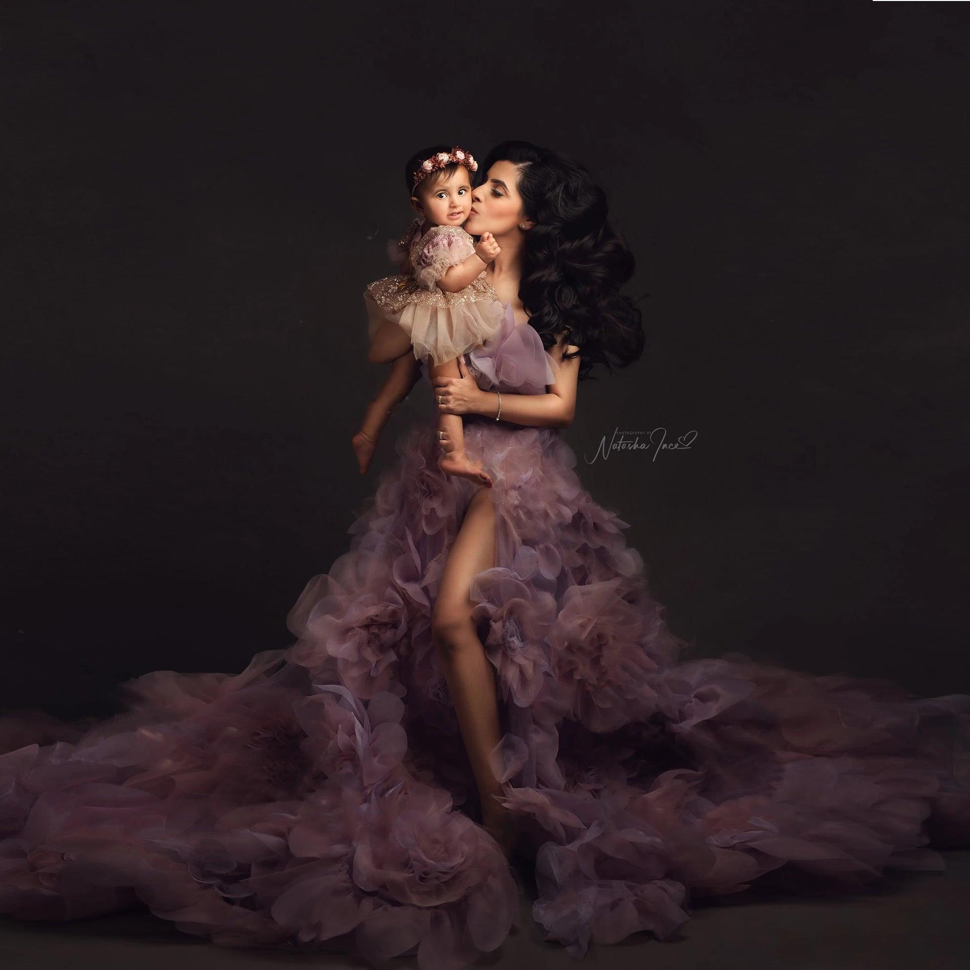Elegant Ruffled Maternity Gown with High Side Slit - Perfect for Maternity Photoshoots, Baby Showers & Pregnancy Announcements