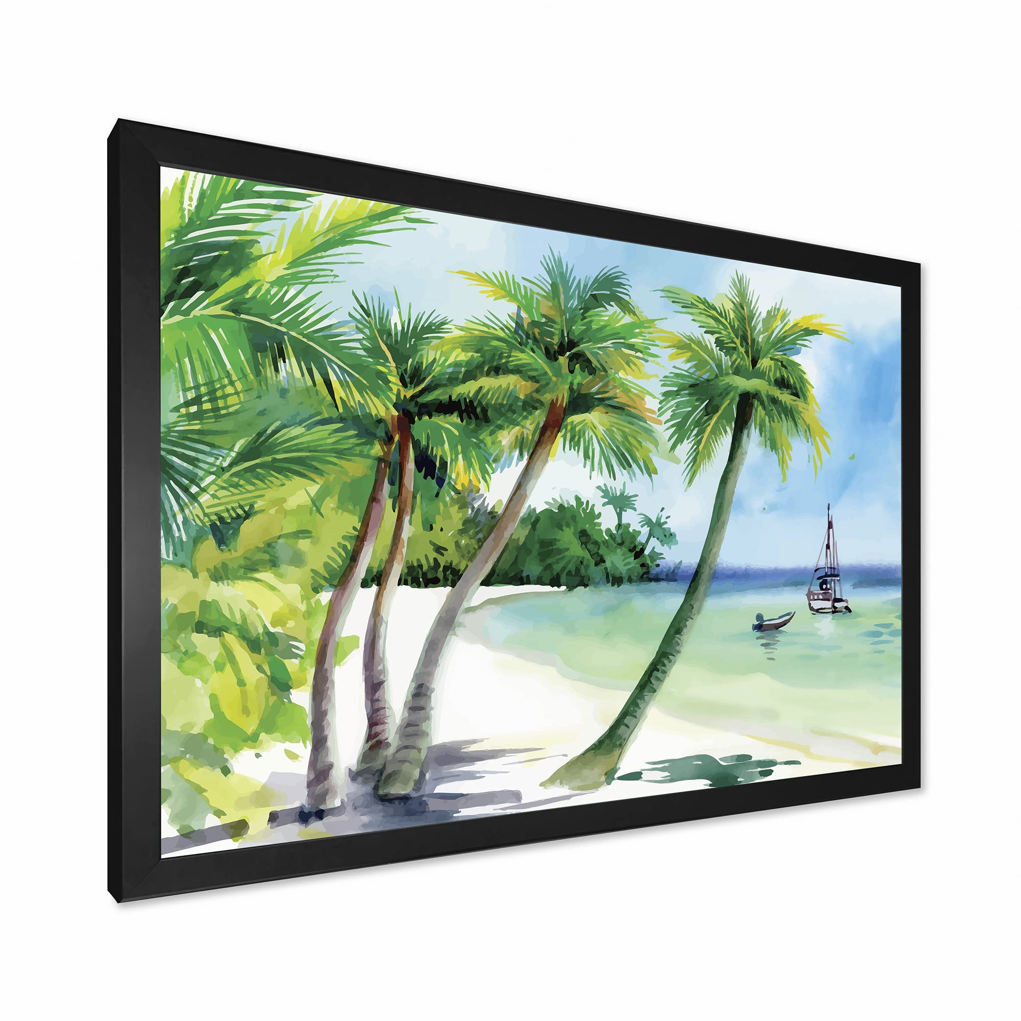 DesignQ Summer Beach Palm Trees Nautical Coastal Framed Wall Art - Tropical Ocean Themed Home Decor for Living Room, Bedroom & Beach House