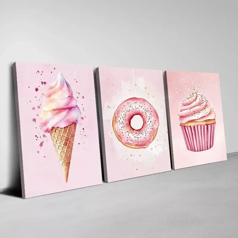 3-Piece Delicious Funny Pink Donut Ice Cream Muffin Art Set - 50x70cm Framed Canvas Wall Art | High Quality Print | 100% Australian Made | Ready to Hang | Perfect for Kitchen Decor, Cafe Wall Art & Sweet-Themed Room Decor