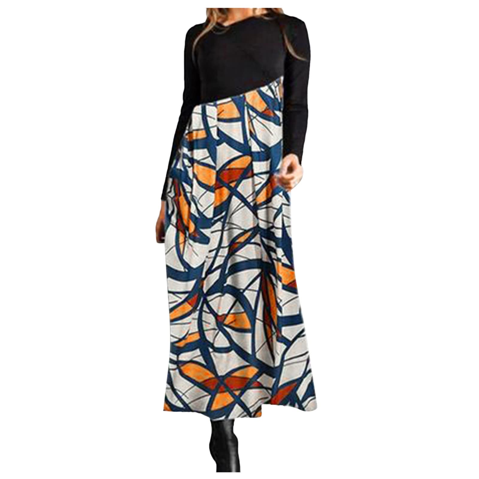 Women's Casual V-Neck Long Sleeve Bohemian Print Maxi Dress - Flowy Autumn Dress for Plus Size & Curvy Women | Perfect for Fall Outfits, Date Nights & Boho Fashion