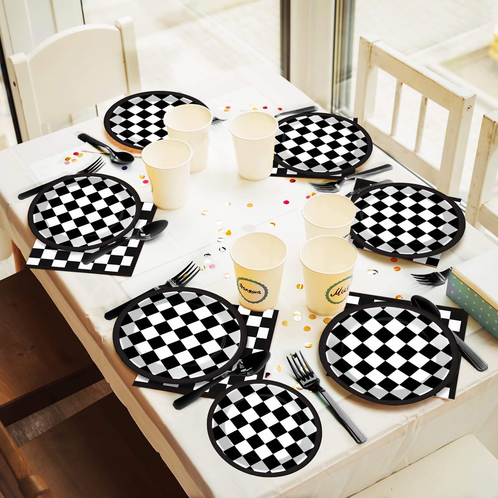 96-Piece Black and White Checkered Tableware Set - Racing Car Themed Plates, Napkins & Forks for 24 Guests - Perfect for Race Car Birthday Parties, Sports Events & Themed Dessert Tables