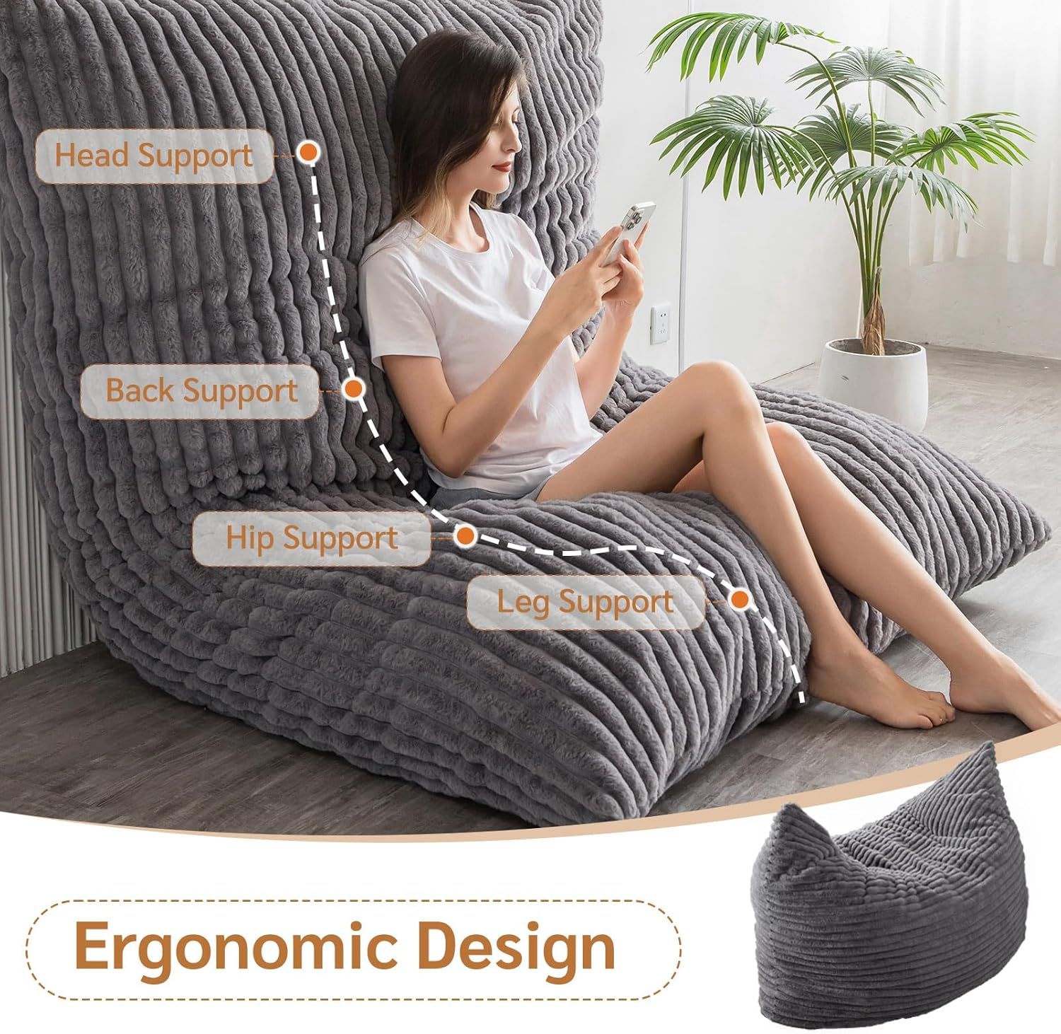 MAXYOYO 3-in-1 Convertible Bean Bag Chair - Soft Striped Faux Fur Large Floor Pillow for Kids & Adults - Dark Grey - Perfect for Living Room, Bedroom & Game Room Relaxation