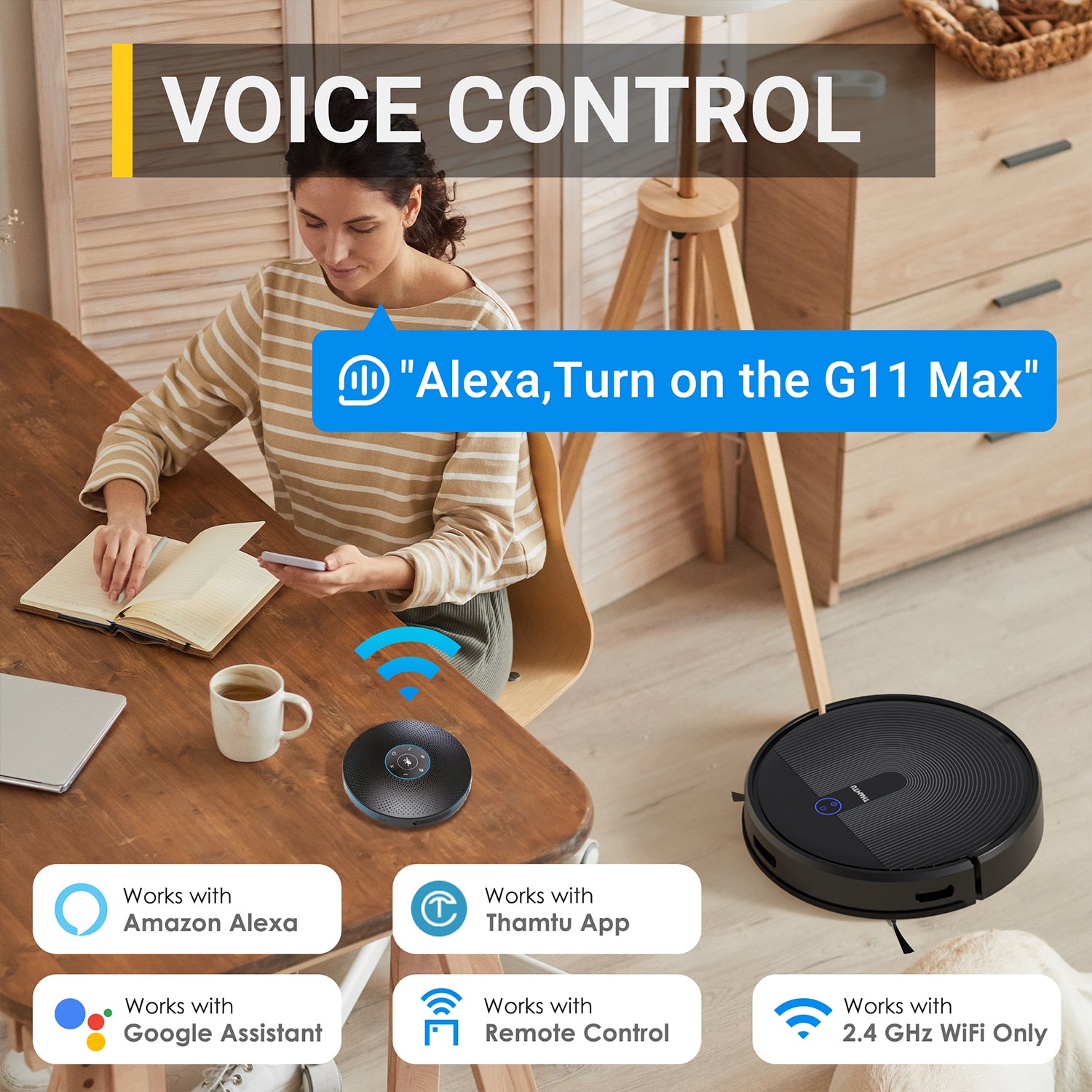 Thamtu G11 Robot Vacuum Cleaner with Smart Dynamic Navigation - 2500Pa Strong Suction, APP/WiFi Control, Self-Charging - Ideal for Pet Hair, Hard Floors & Medium Carpets - Perfect for Home, Office and Family with Pets