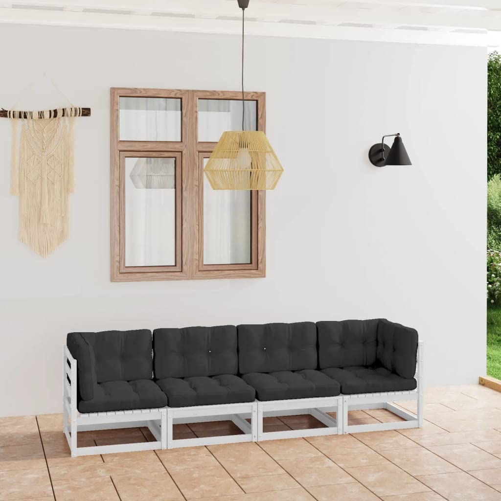 4-Seater Patio Sofa Set with Weather-Resistant Cushions - Solid Pine Wood Outdoor Furniture (White, 53.88g) - Perfect for Backyard, Garden, Poolside & Patio Relaxation