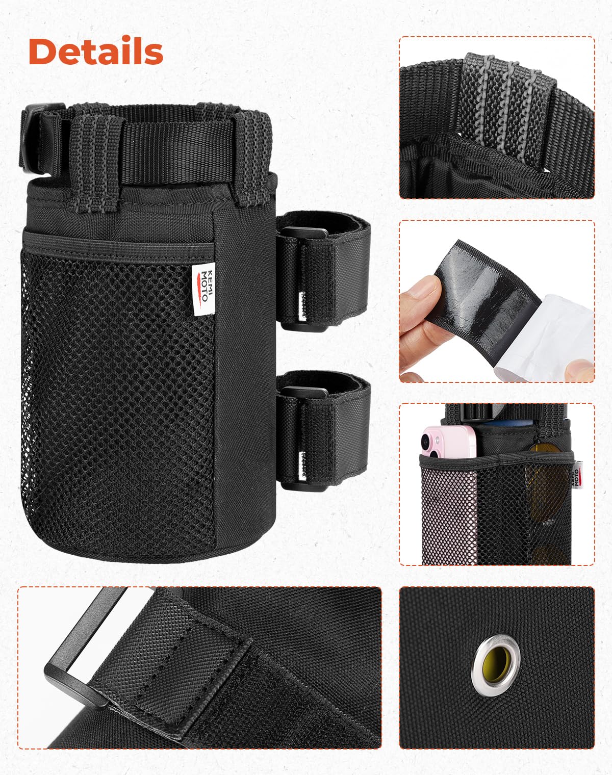 KEMIMOTO 2 Pack Roll Bar Cup Holder with Mesh Pockets & Sticky Straps - Universal for UTV, Wheelchair, Scooter, Walker, Rollator, Bike, Golf Cart & Boat - Perfect for Outdoor Activities, Travel & Daily Use