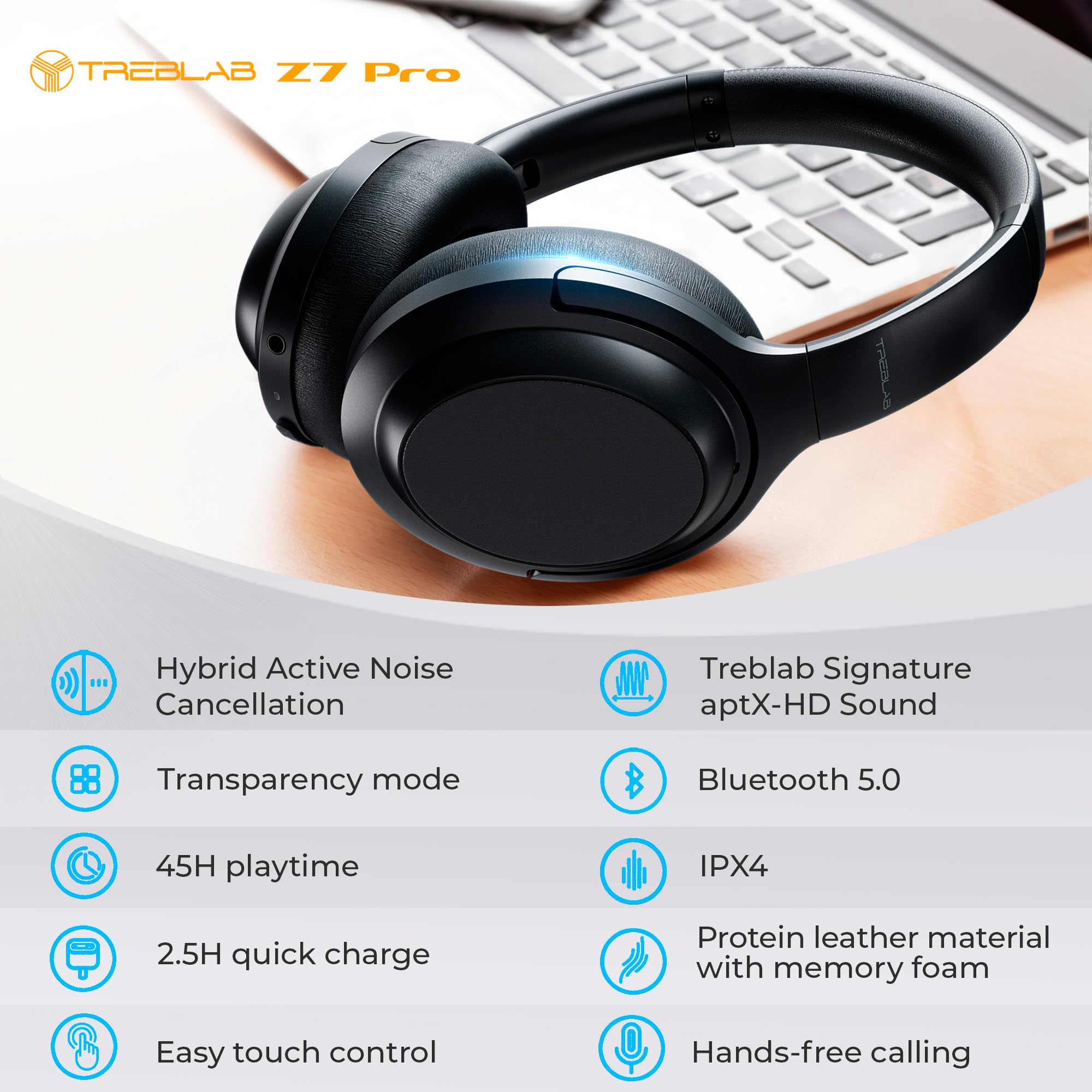 TREBLAB Z7 Pro Wireless Bluetooth Headphones with Active Noise Cancelling (ANC), aptX-HD Audio, 45H Battery, Fast Charging & Mic - Foldable Over-Ear Design with Memory Foam Ear Cups for Workouts, Travel & Office Use
