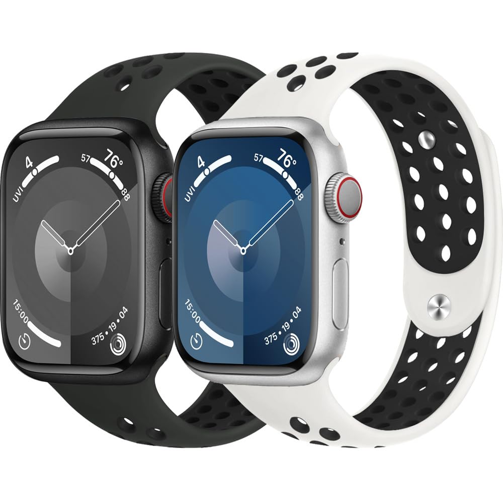 2 Pack Sport Band for Apple Watch Series 10/9/8/7/6/5/4/3/SE/Ultra 2/Nike+ - Soft Silicone Strap Compatible with 38mm/40mm/41mm/42mm/44mm/45mm/46mm/49mm Models - Breathable Wristband for Men, Women & Kids - Perfect for Running, Gym Workouts & Daily Wear