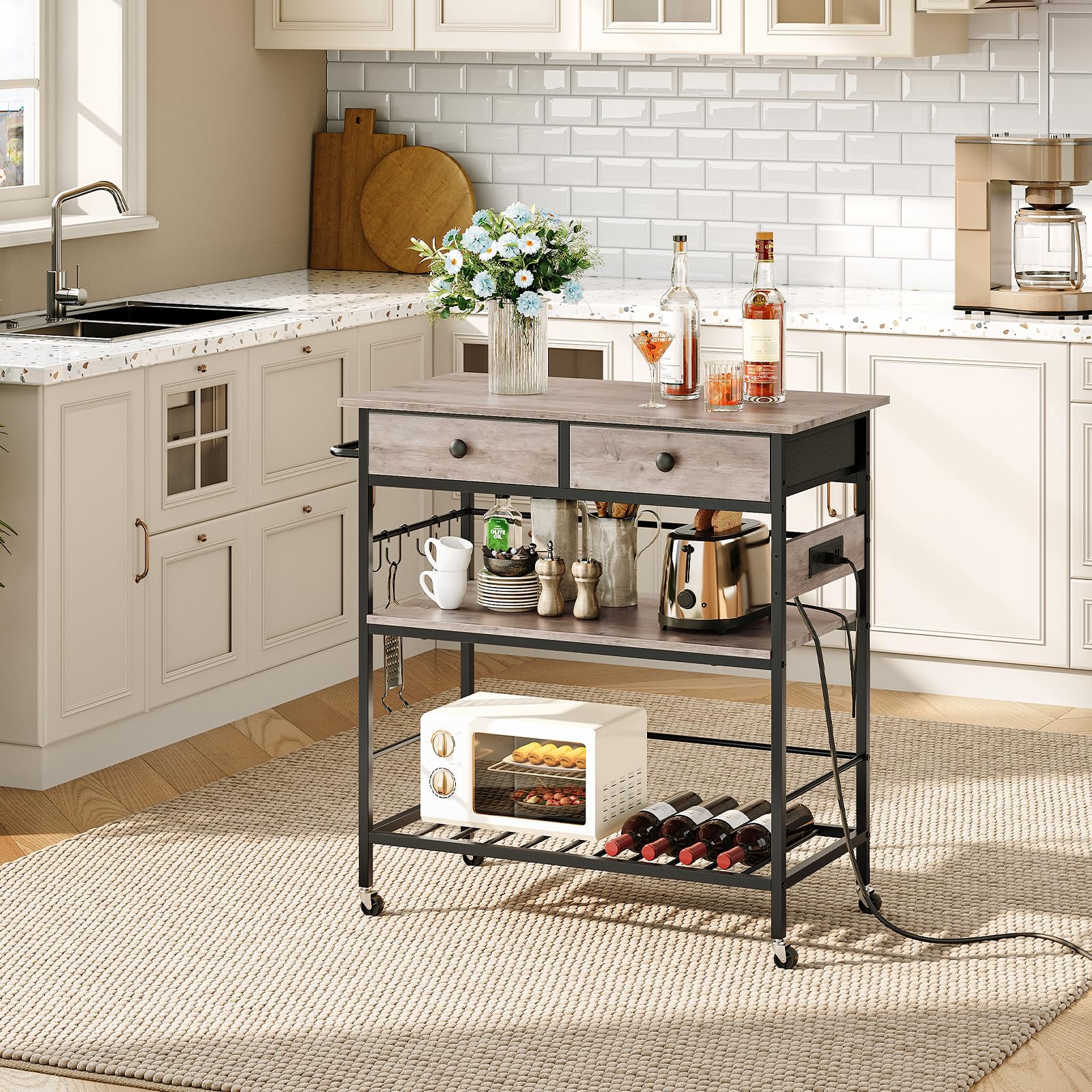 HOOBRO 3-Tier Kitchen Island Cart with Storage, 2 Drawers & Power Outlet - Mobile Coffee Station, Microwave Stand & Work Table for Small Spaces - Greige & Black (BG08UZD01) - Perfect for Apartments, Dorms & Compact Kitchens