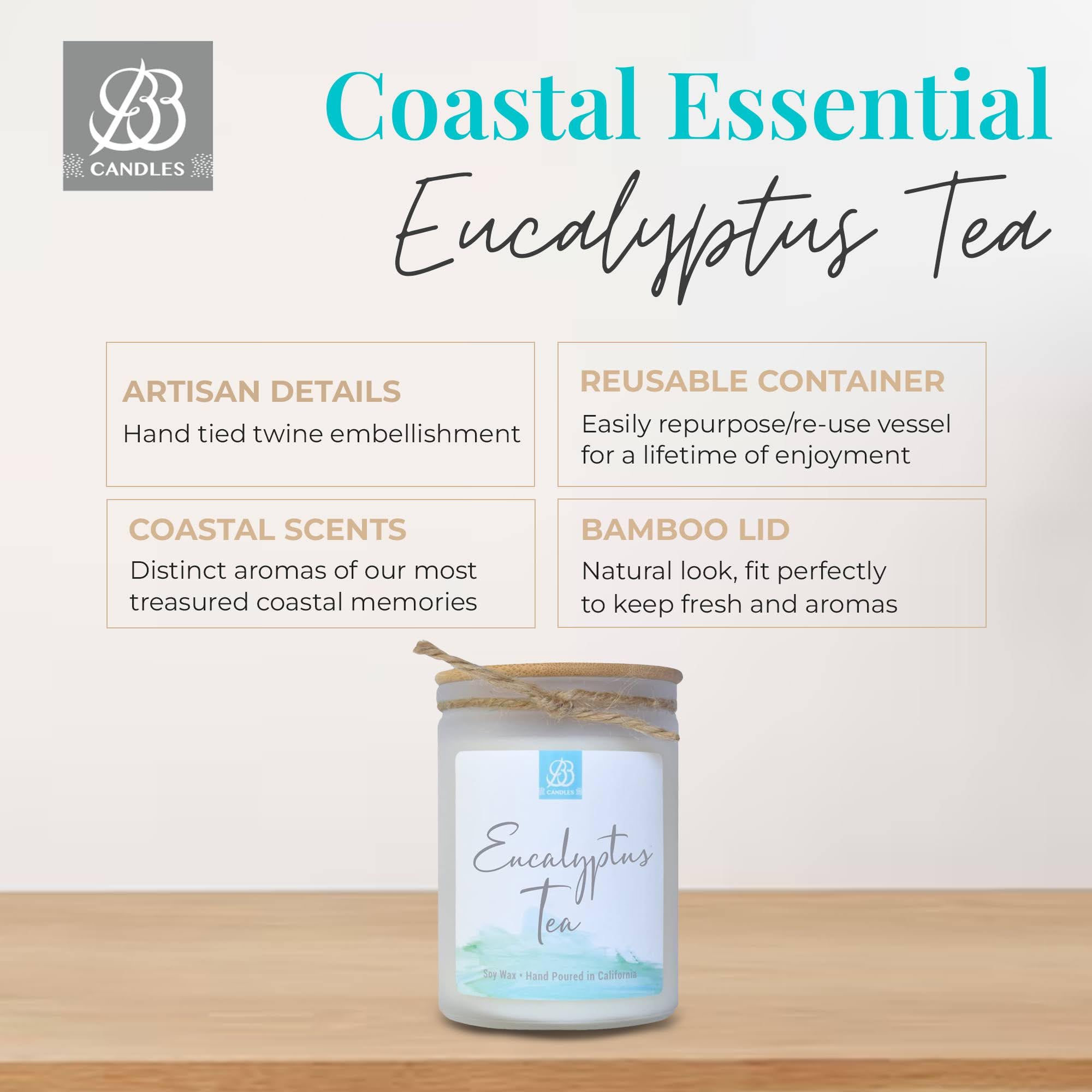 Natural Soy Hand-Poured Coastal Candle - Eucalyptus Tea Scent | 12oz Artisan Candle with 90+ Hours Burn Time | Strong Fragrance for Home, Spa & Relaxation