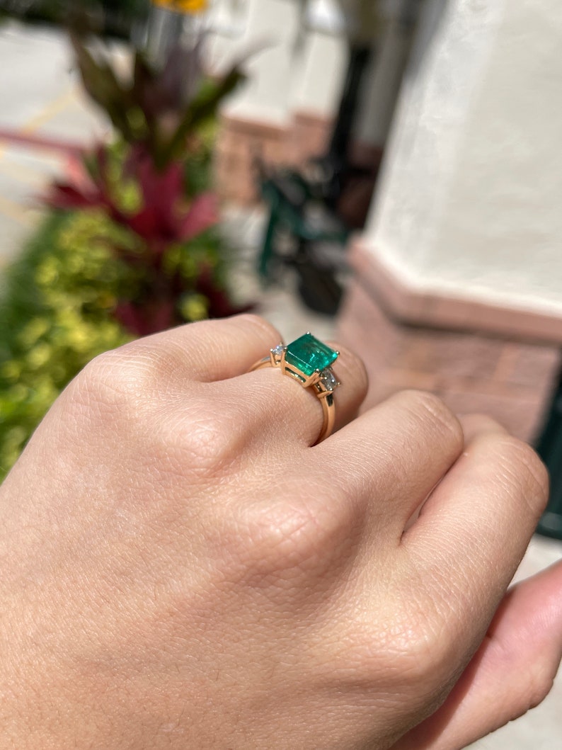 4.17tcw 14K Gold Natural Emerald Princess Cut Diamond Three Stone Ring - Elegant Semi-Transparent Jewelry for Engagement, Anniversary & Special Occasions
