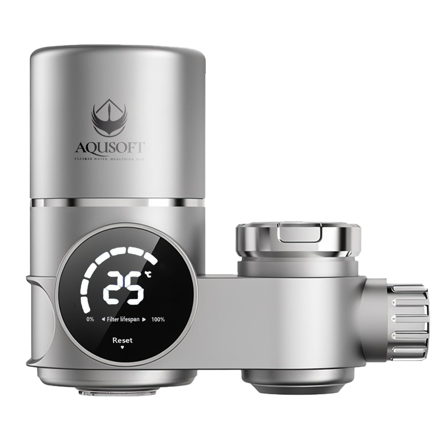AQUSOFT Faucet Mount Water Filter with LED Indicator - 99% Filtration, Removes Impurities, Fits Standard Faucets | Includes 1 New 2.0 Filter Element | Perfect for Kitchen Sink, RV, Camping & Emergency Water Purification