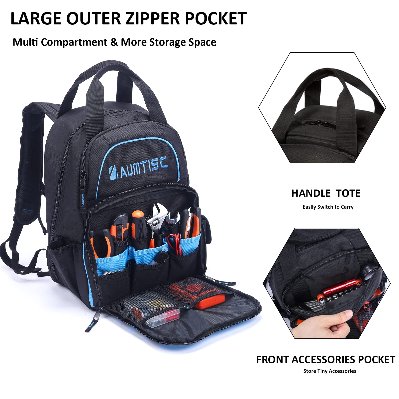 AUMTISC Heavy-Duty Tool Backpack for Men - Waterproof Construction Work Bag with Multiple Pockets for Electricians, HVAC Techs & Repairmen - Durable Jobsite Organizer (Blue) - Perfect for Construction Sites, Industrial Work & Equipment Storage