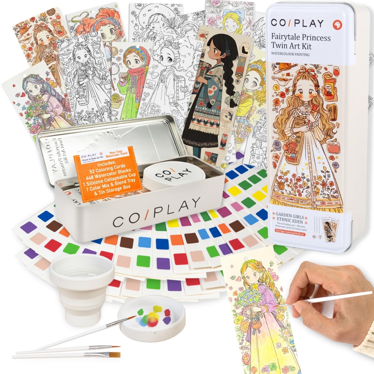 COIPLAY 648 Color Blocks Watercolor Paint Set with 52 Bookmarks, 3 Brushes & Silicone Cup - Complete Art Kit for Kids & Adults | Includes Fairytale Princess Coloring Books | Travel-Friendly, Mess-Free Painting Supplies for Home, School & Outdoor Sketching