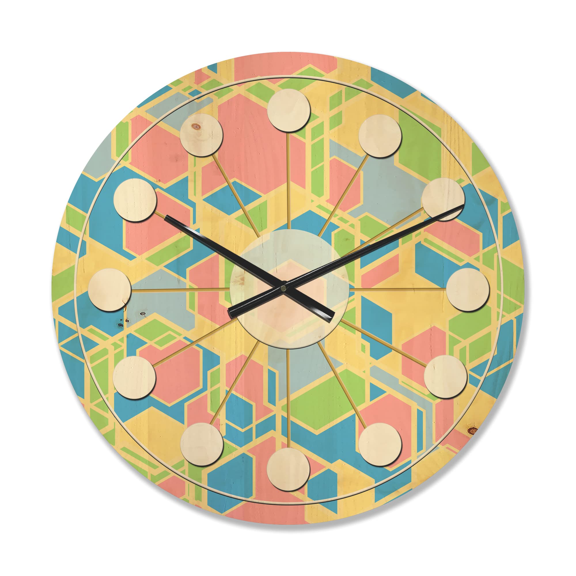 Retro Geometric Pastel Abstract Mid-Century Modern Wood Wall Clock - Large Oversized Decorative Wooden Clock for Living Room, Bedroom & Office Décor - Vintage Inspired Home Wall Art