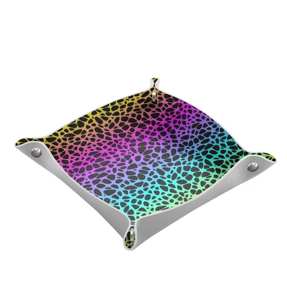 Rainbow Leopard Print PU Leather Valet Tray - Catchall Organizer for Jewelry, Keys, Coins, Phone & Wallet - Stylish Desk Storage Plate for Men & Women - Perfect for Home, Office & Travel Use