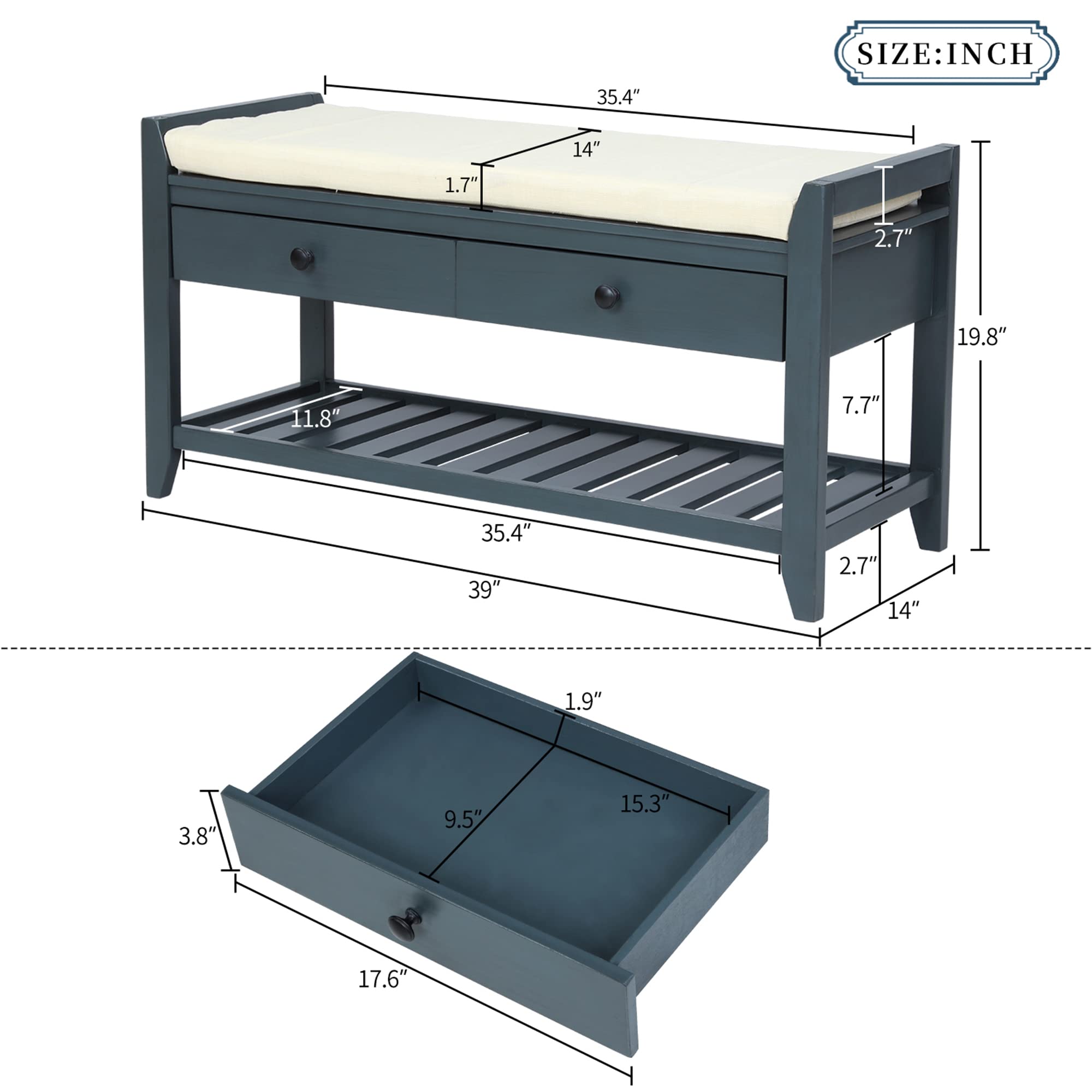 P PURLOVE Entryway Storage Bench with Cushioned Seat - Shoe Rack Organizer with 2 Drawers & Storage Shelf, Antique Navy - Perfect for Hallway, Mudroom, and Bedroom Organization