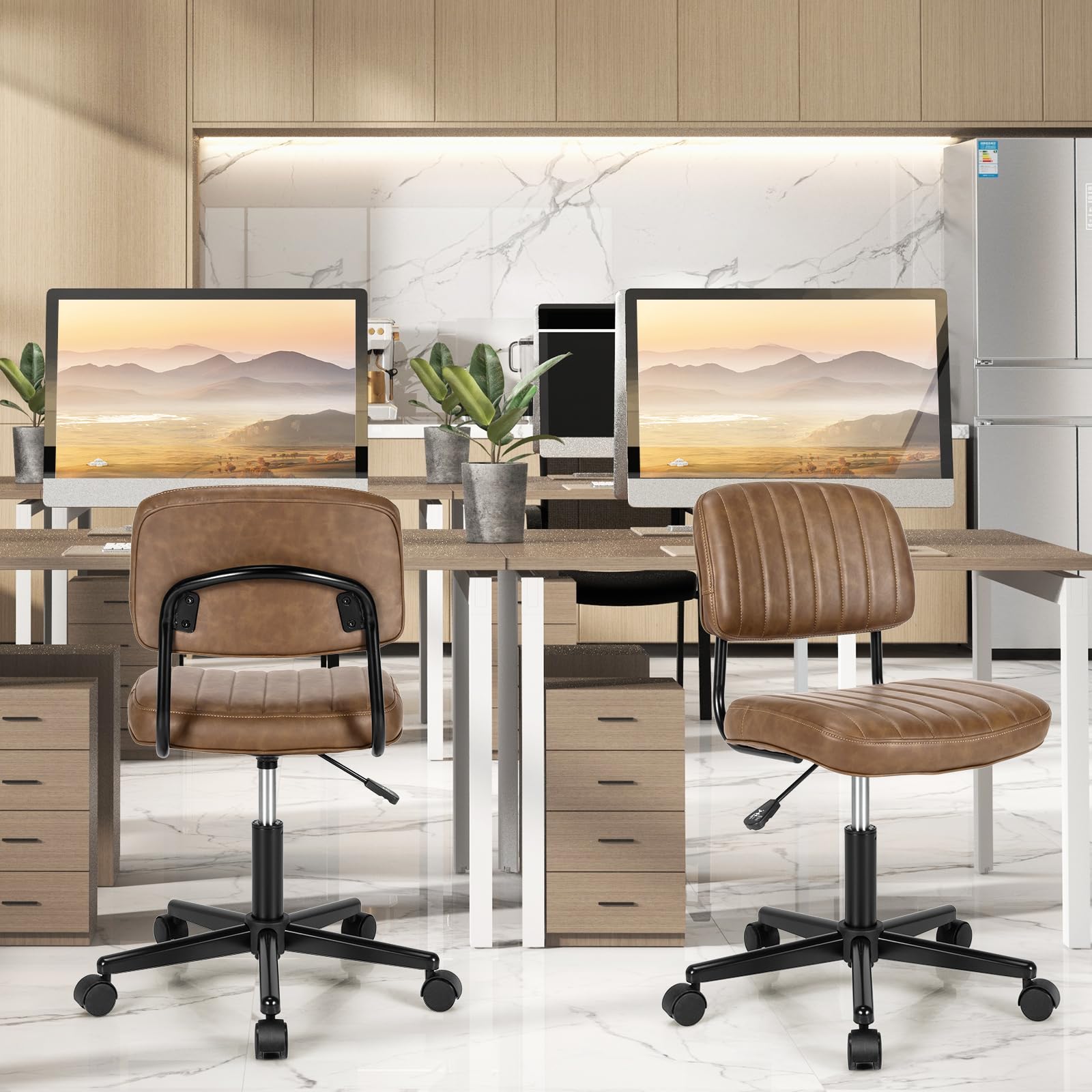 COSTWAY Armless Desk Chair with Wheels - PU Leather Low Back Computer Task Chair with Lumbar Support, Height Adjustable Rolling Office Chair for Home, Kids, Teens & Adults (Brown) - Perfect for Study, Work & Gaming