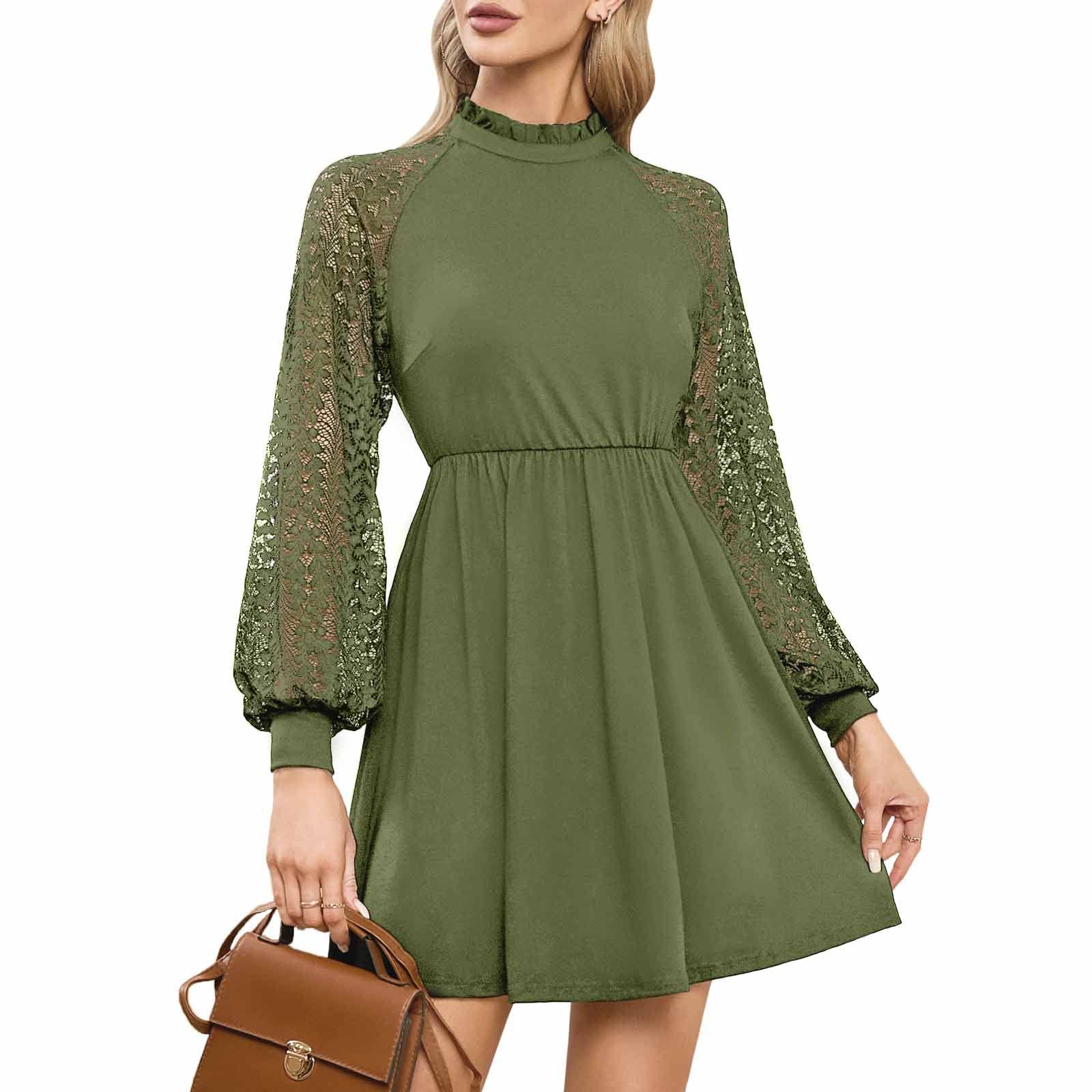 EXLURA Women's Lace T-Shirt Mini Dress with Ruffles - High Neck Long Sleeve Formal Cocktail Dress for Wedding Guest, Party, Date Night & Special Occasions