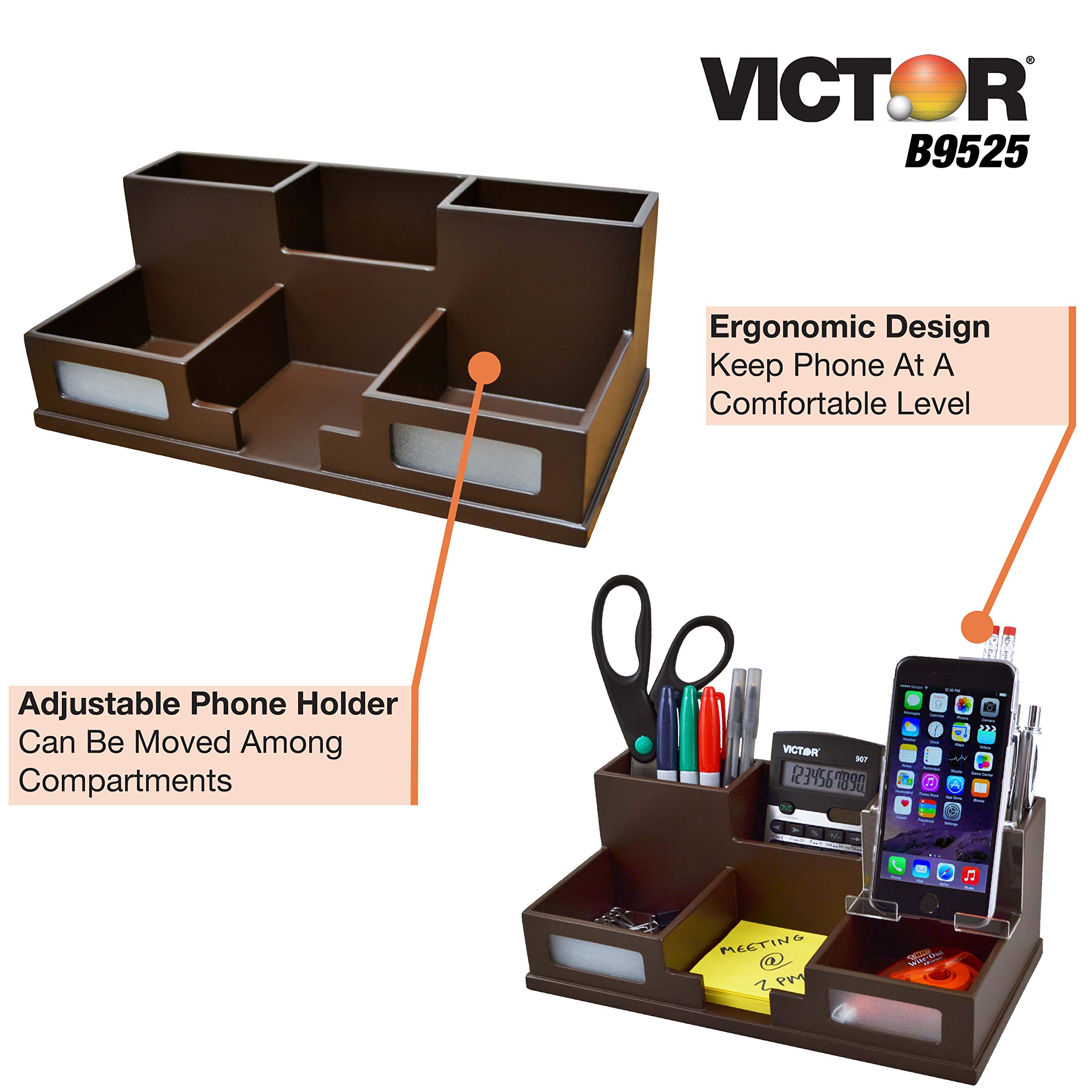 Victor Desk Organizer with Smartphone Holder - Mocha Brown Office Supplies (Model B9525) | Perfect for Home Office, Workspace & Study Desk Organization