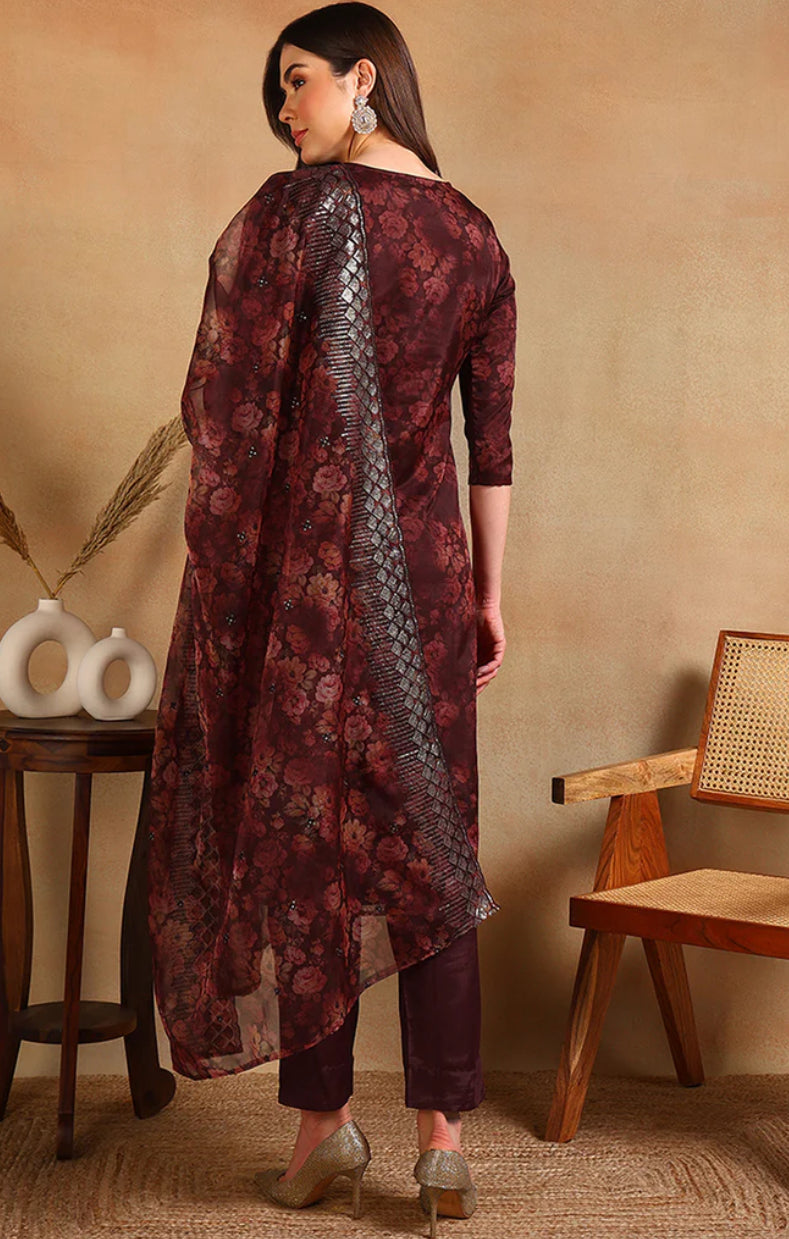 Elegant Brown Organza Straight Suit Set for Women - Formal Office Wear & Special Occasion Outfit