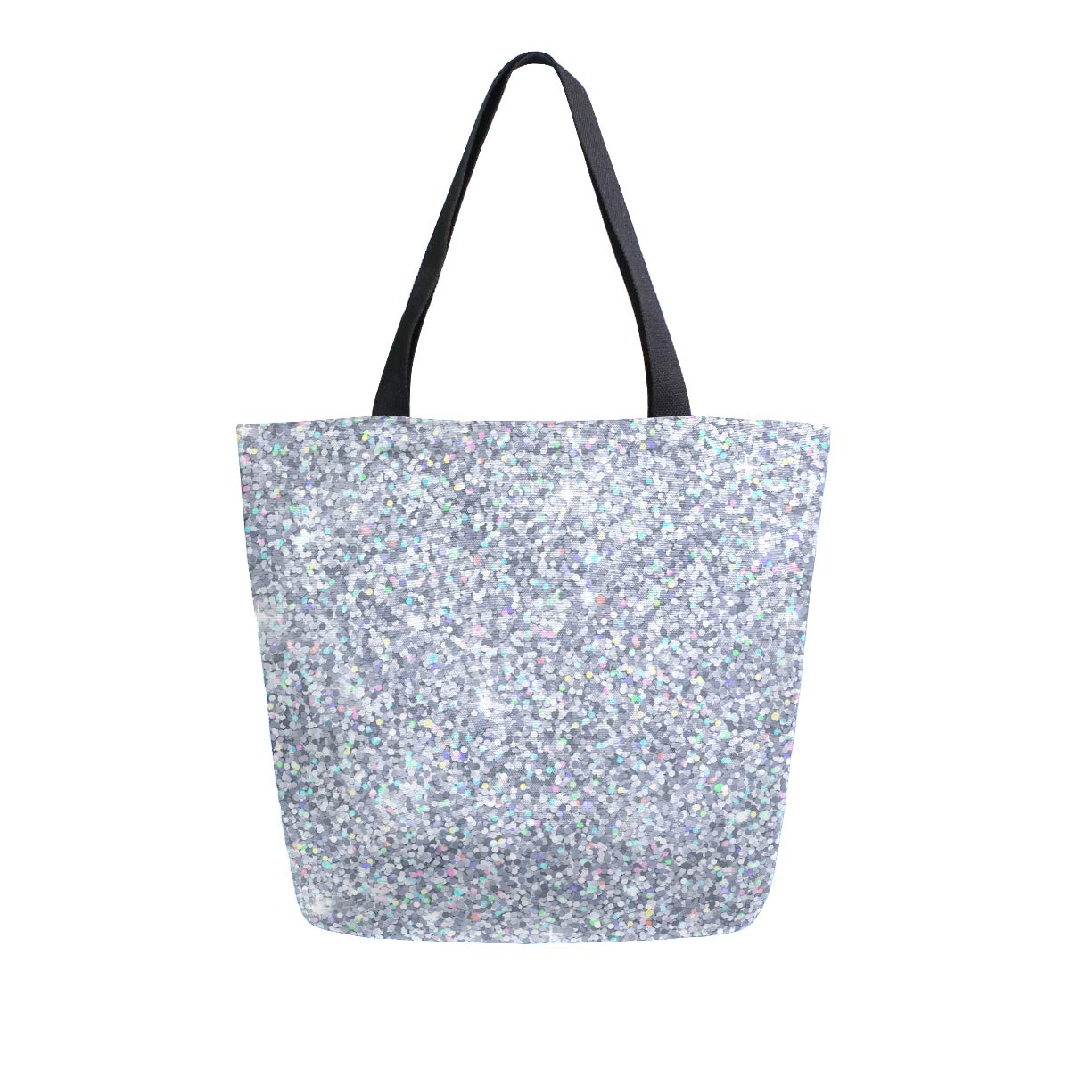 Eco-Friendly Silver Glitter Canvas Tote Bag - Reusable Grocery Shopping Bag with Sturdy Handles - Perfect for Groceries, Beach Trips & Daily Use