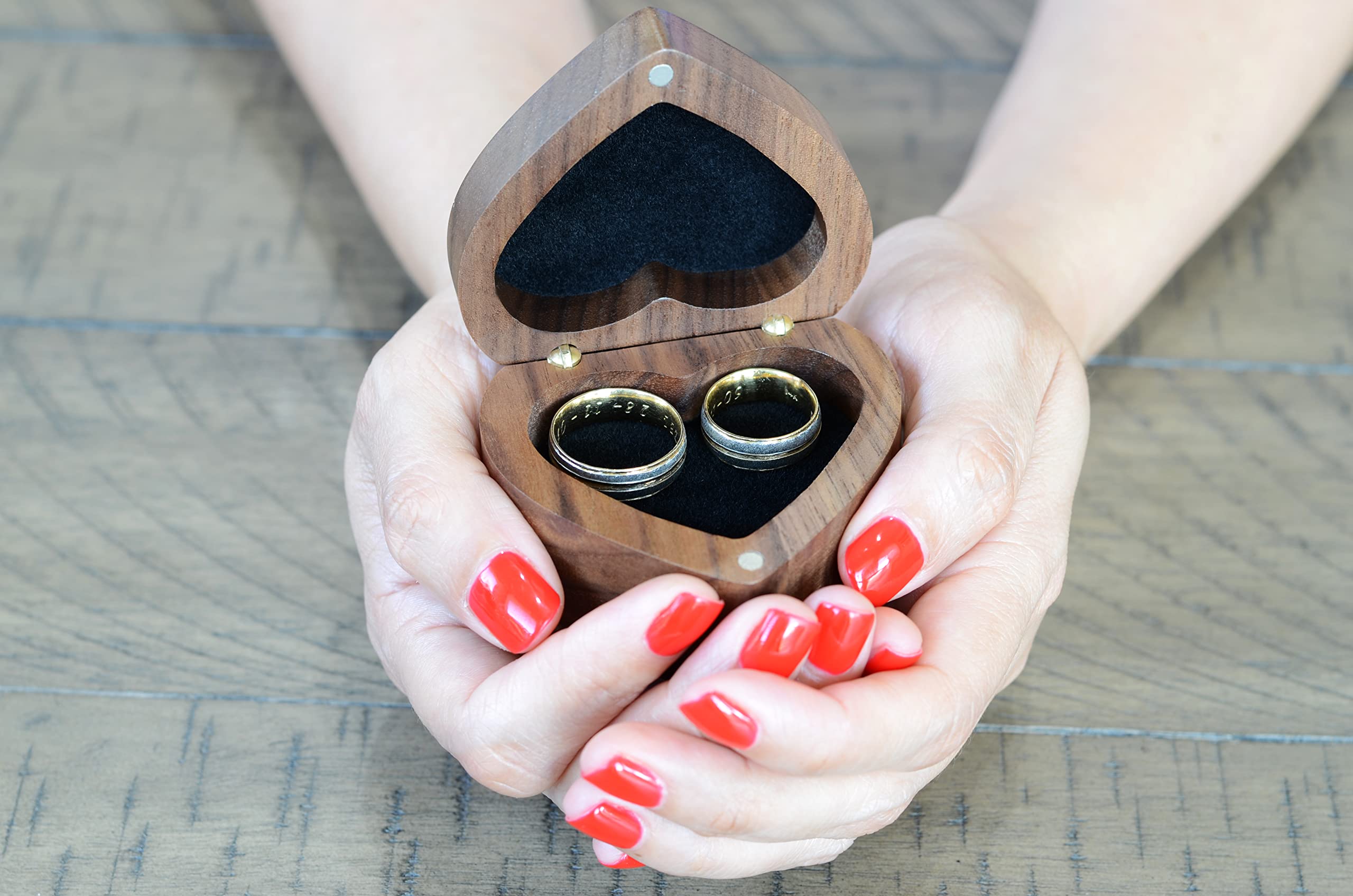 Engraved Walnut Wood Wedding Ring Box - Heart Shaped Ring Bearer Box for Ceremony (Mr & Mrs) - Perfect for Wedding Proposals, Vows & Anniversaries