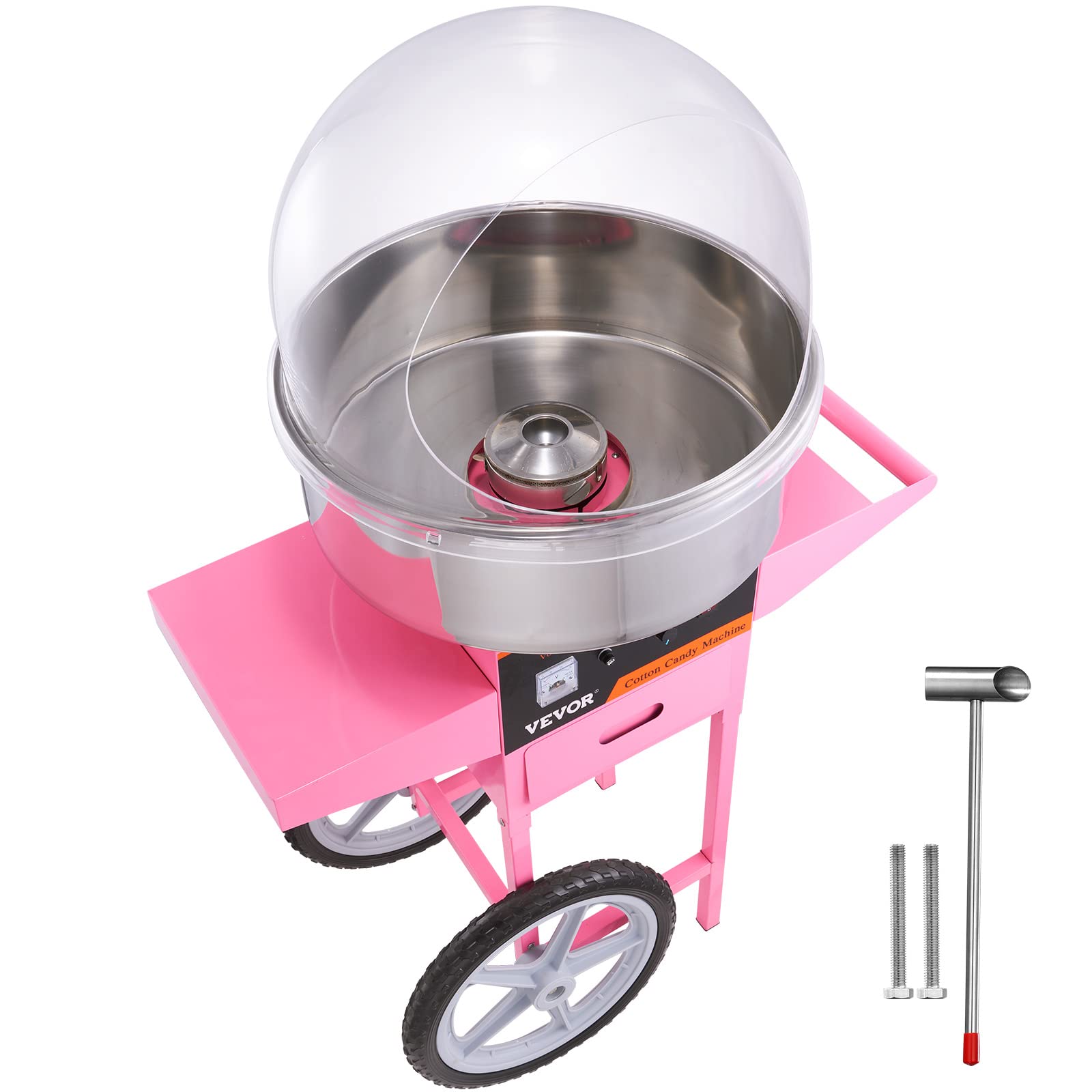 VEVOR Commercial Electric Cotton Candy Machine Cart with Cover & Stainless Steel Bowl - Includes Sugar Scoop & Storage Drawer - Perfect for Home Use, Carnivals, Kids Birthday Parties, Family Gatherings & Events - Pink Floss Maker for Sweet Treats & Fun Desserts