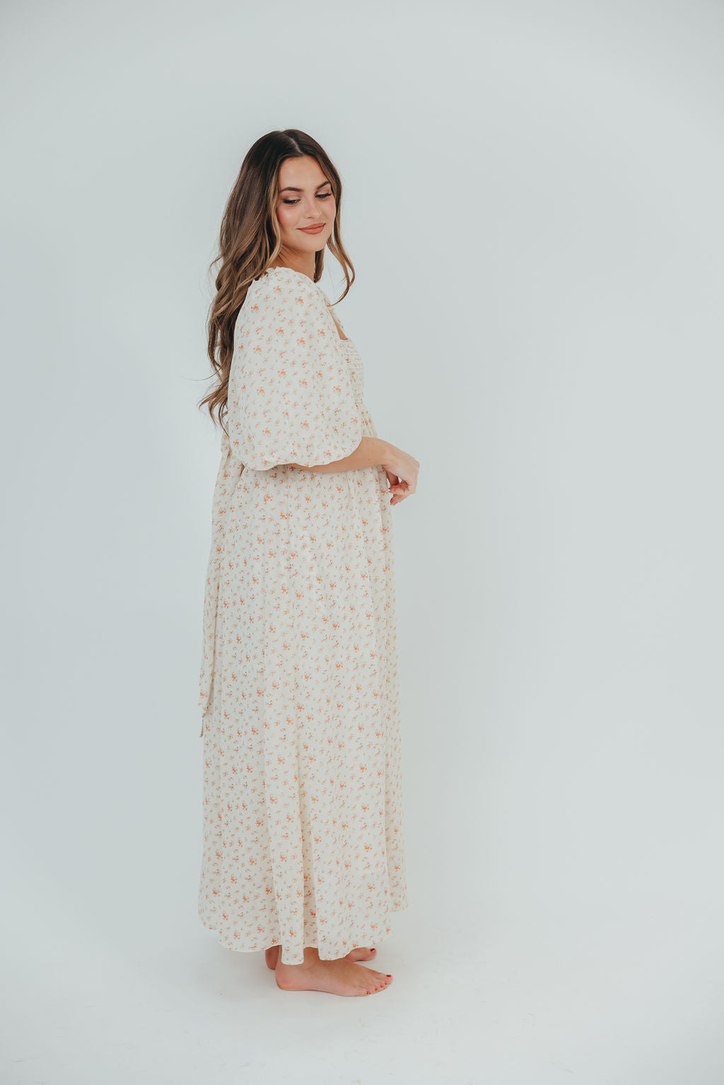 Melody Maxi Dress with Pleats & Bow Detail - Ivory Floral Print Maternity Dress | Bump Friendly & Inclusive Sizing (S-3XL) | Perfect for Weddings, Baby Showers & Summer Events