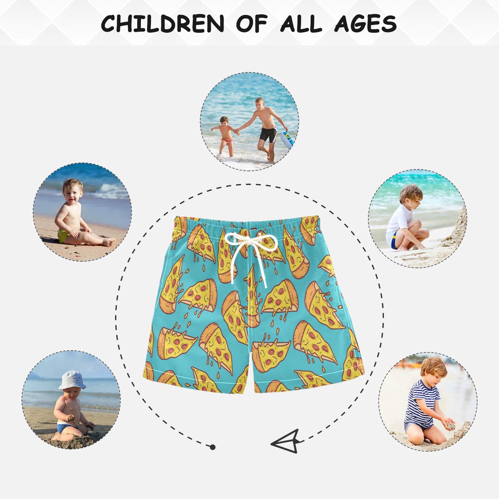 **Boys' Quick-Dry Swim Trunks for Toddlers - Slice Pizza Green Beach Board Shorts | 3T Swimwear for Pool, Beach & Water Play**