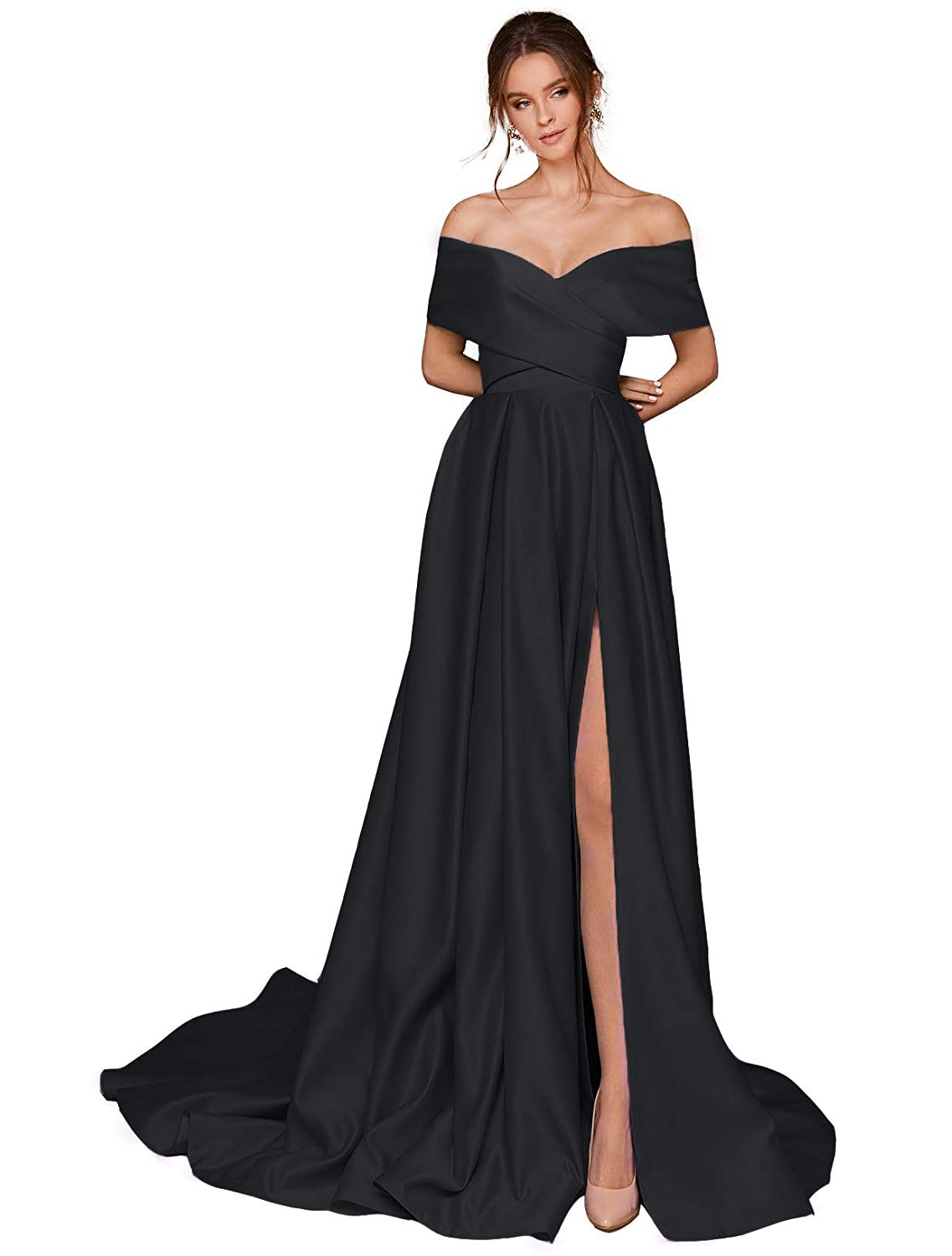 Clovile Women's Off The Shoulder Prom Dresses - Elegant Satin Long Evening Gown with Thigh High Slit & Pockets for Homecoming, Wedding, Cocktail Party & Formal Events