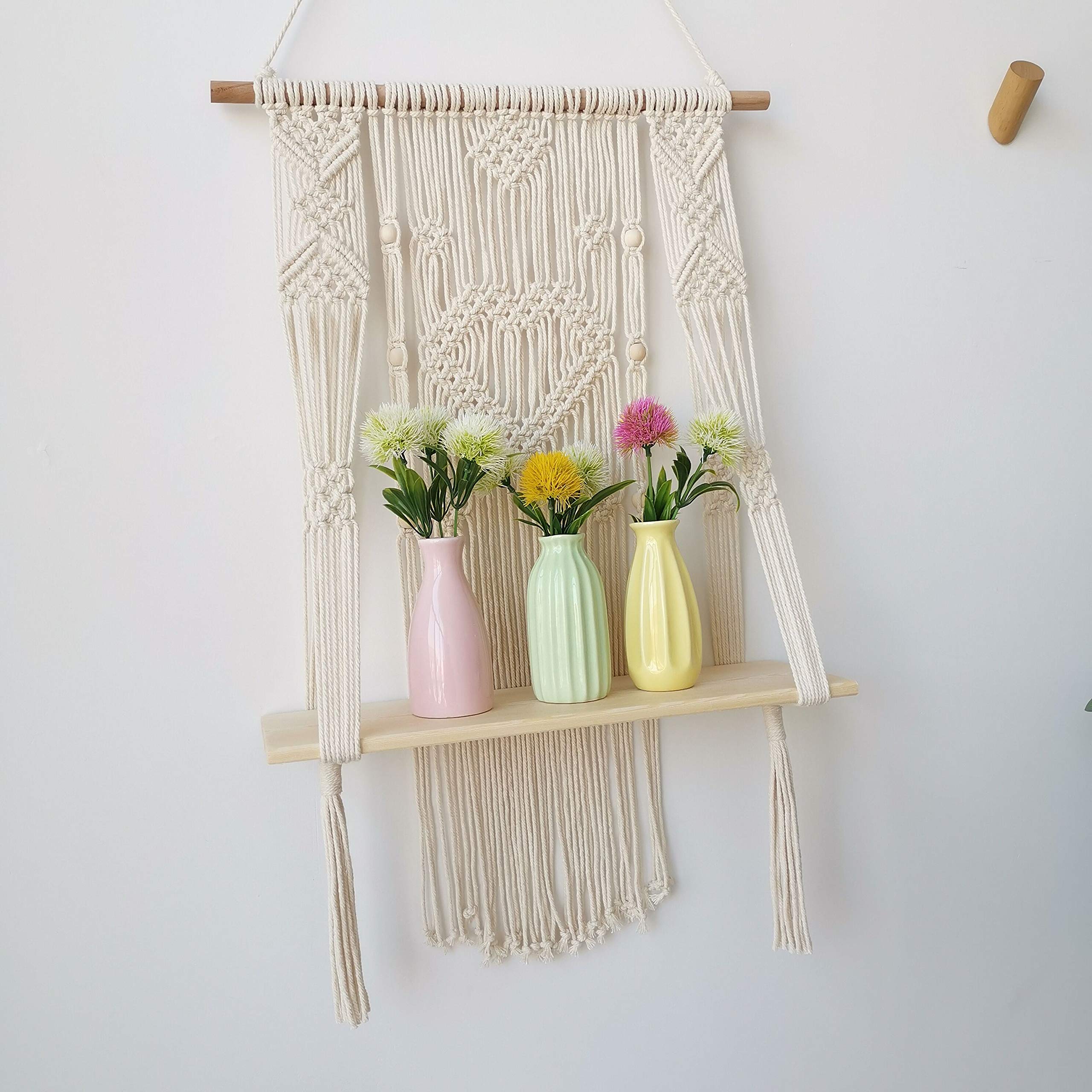 Bohemian Macrame Wall Hanging Shelf with Wood Floating Storage - Handmade Heart Design Home Decor for Living Room, Bedroom & Bathroom Organization
