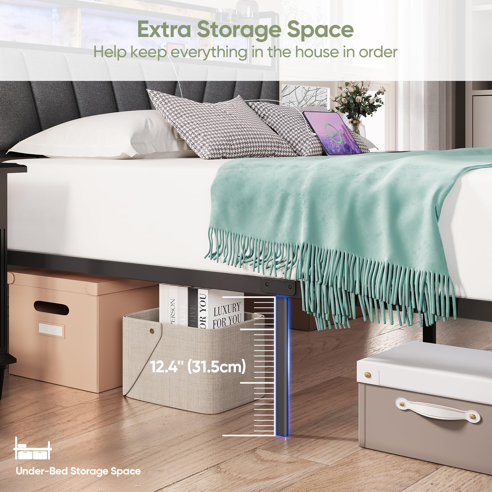 Queen Size Bed Frame with LED Headboard & USB Charging Station - Sturdy Metal Platform Bed with Underbed Storage, Noise-Free Design, No Box Spring Needed, Brown - Perfect for Modern Bedrooms, Guest Rooms & Small Spaces
