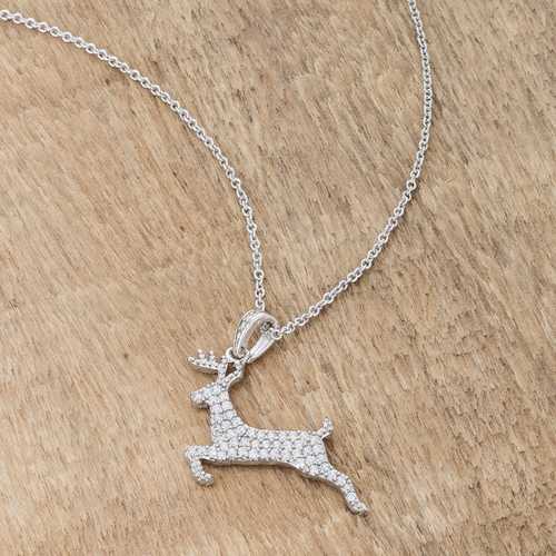 0.35 Carat CZ Rhodium-Plated Reindeer Pave Pendant Necklace - Perfect Christmas Gift for Women, Holiday Jewelry for Party & Festive Occasions