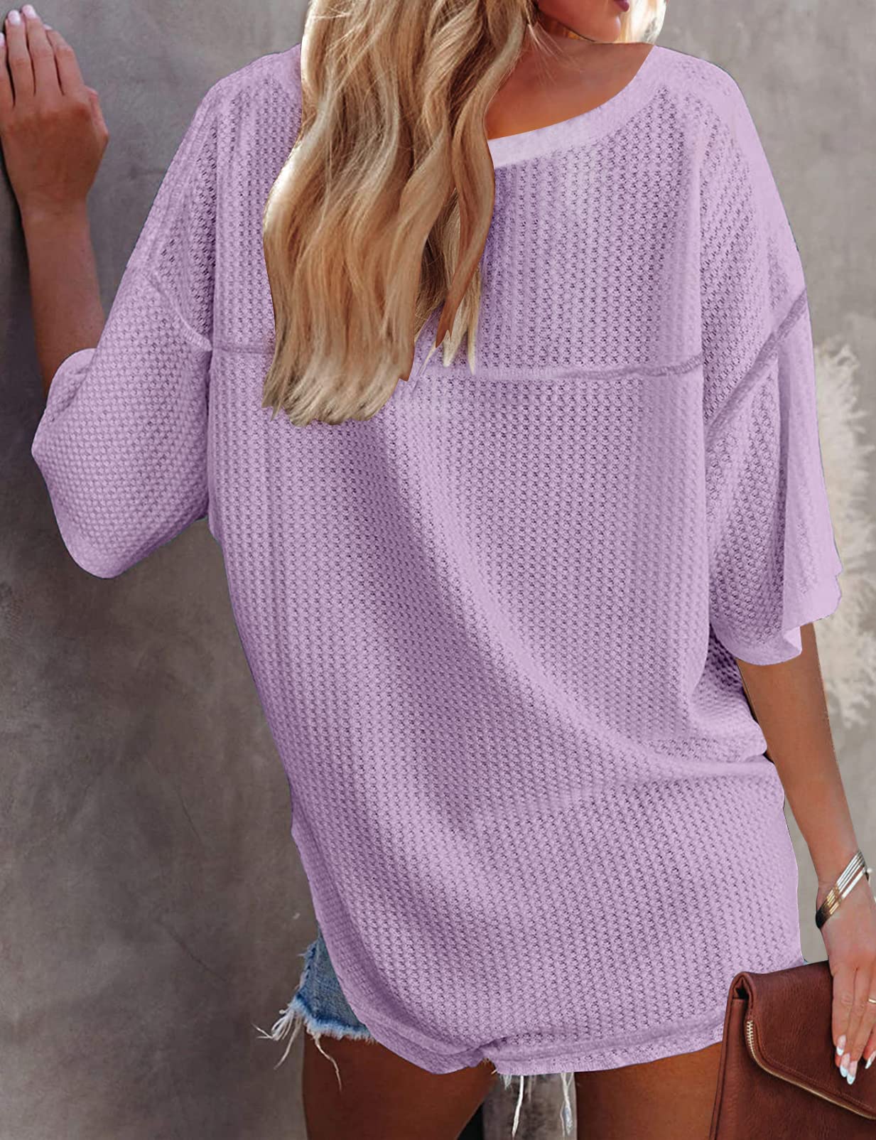 MEROKEETY Women's V Neck Batwing Half Sleeve Waffle Knit Blouse - Loose Fit Casual Solid Color Top for Work, Date Night & Weekend Outings