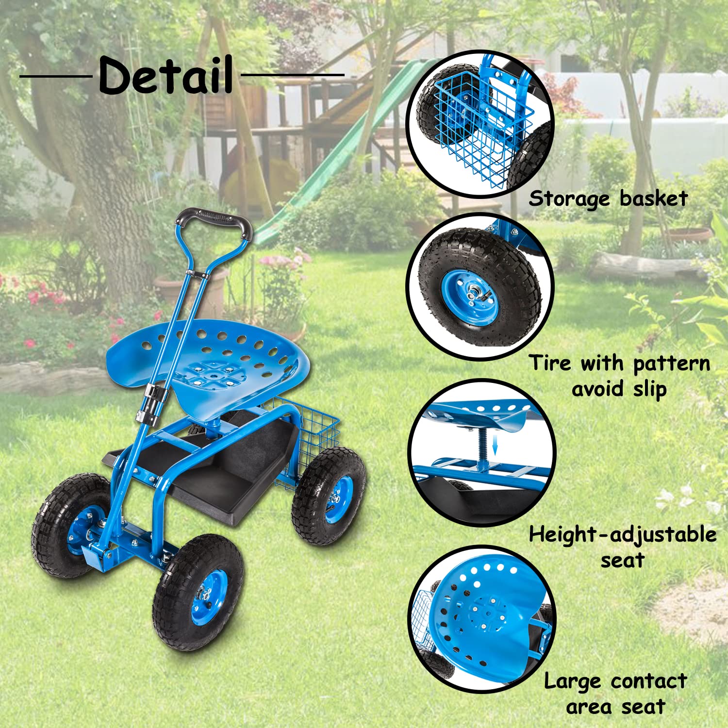Heavy Duty Rolling Garden Cart Scooter Stool with Seat & Wheels - Adjustable Handle 360° Swivel Mobility Scooter - Perfect for Gardening, Landscaping & Outdoor Chores (Blue)