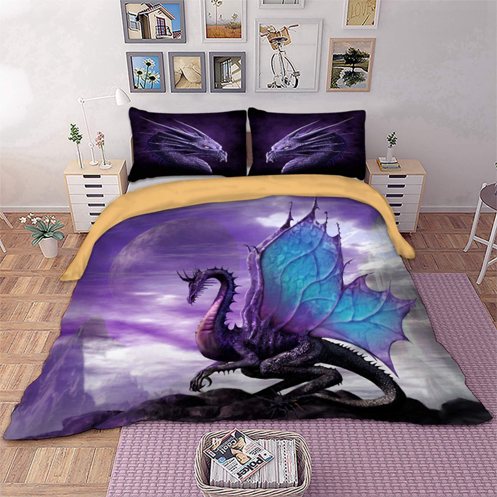 3D Dragon Duvet Cover - Queen Size Polyester Bedding Set for Fantasy Decor