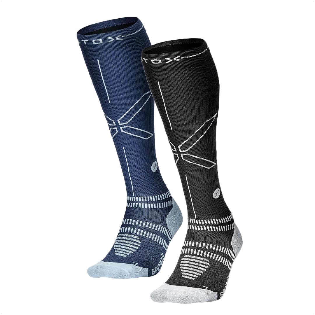 STOX Energy Socks for Women - Premium Compression Athletic Socks for Running, Workout & Sports - Reduce Muscle Fatigue & Pain, Speed Up Recovery - Comfortable Performance Socks (2 Pack, Black/Blue Light Blue) - Ideal for Gym, Yoga, Hiking & Everyday Wear
