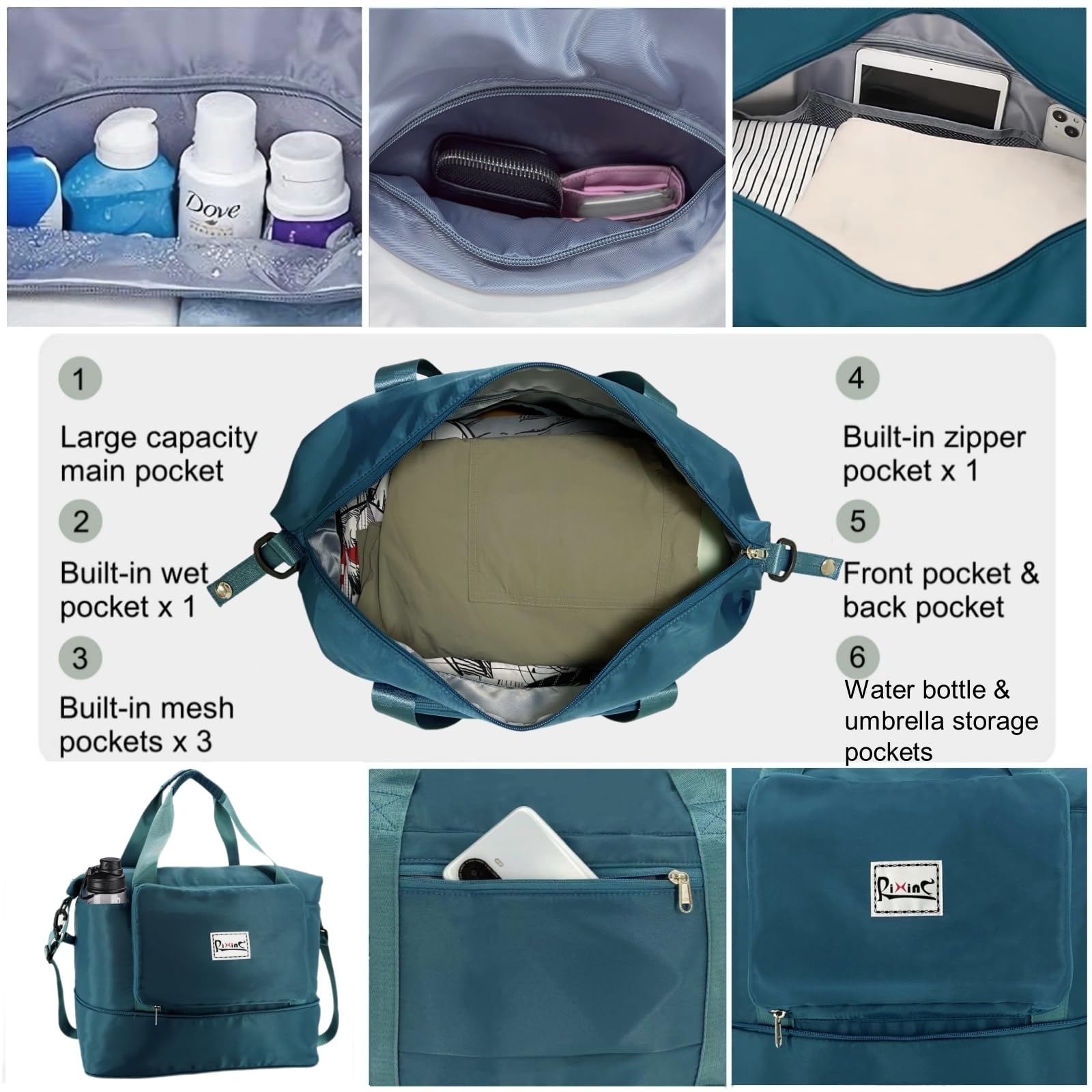 Foldable Travel Duffel Bag for Women - Waterproof Expandable Gym Tote & Weekender Overnight Bag with Detachable Shoulder Strap & Wet Compartment - Perfect for Sports, Gym, Travel & Weekend Getaways (Peacock Blue)