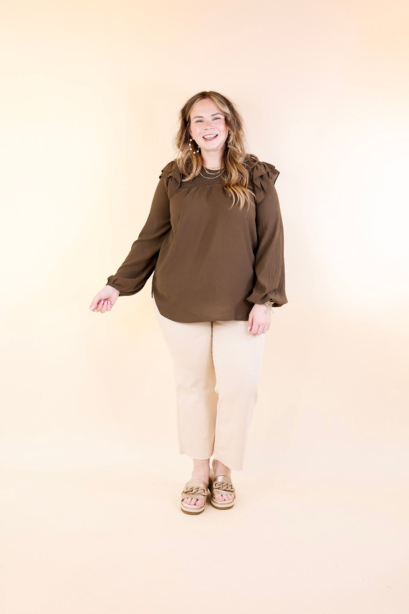 Olive Brown Ruffle Shoulder Long Sleeve Blouse for Women - Elegant Balcony Nights Top for Date Night & Evening Outfits