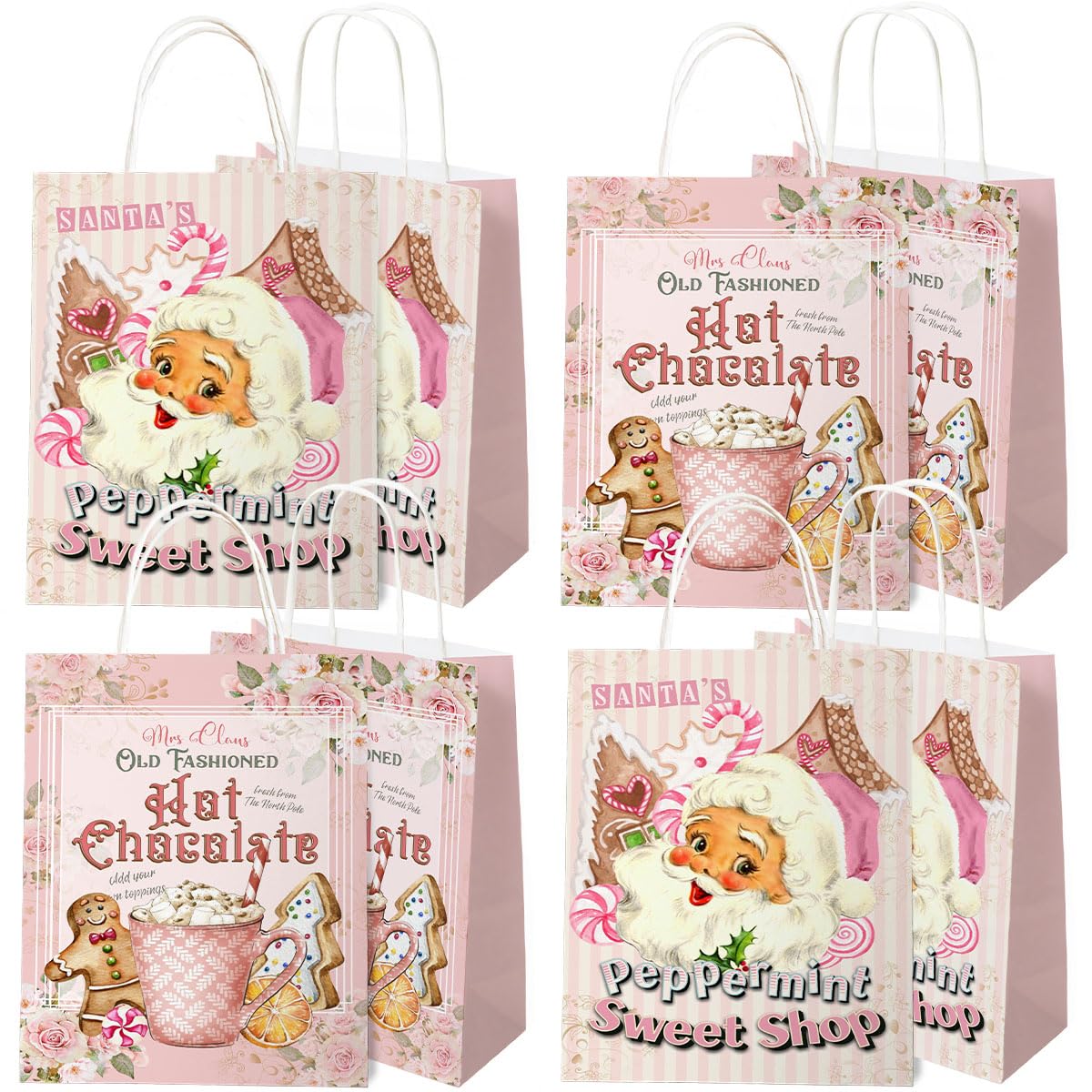 12pcs Christmas Gift Bags with Handles - Vintage Pink Santa Claus & Gingerbread Design - Holiday Party Supplies for Xmas Gifts, Candy Exchange, Office Celebrations & Sweet Shop Decorations