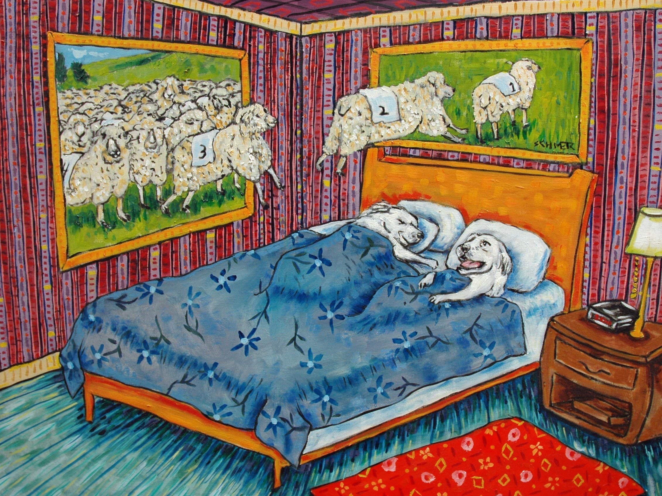 Great Pyrenees Dog Counting Sheep Wall Art Print - Cute Animal Poster for Bedroom Decor, Nursery, Living Room & Office