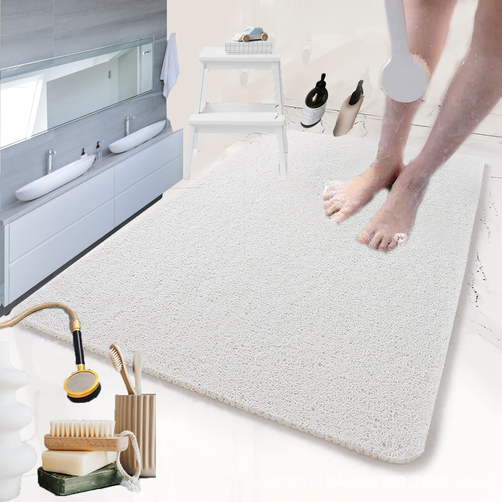 Non-Slip Bath Mat 24x16 Inch (60x40cm) - Super Absorbent, Quick Dry Shower Mat with Strong Suction Cups - Perfect for Bathroom, Shower & Bathtub Safety - Anti-Slip Floor Mat for Kids & Elderly (White)