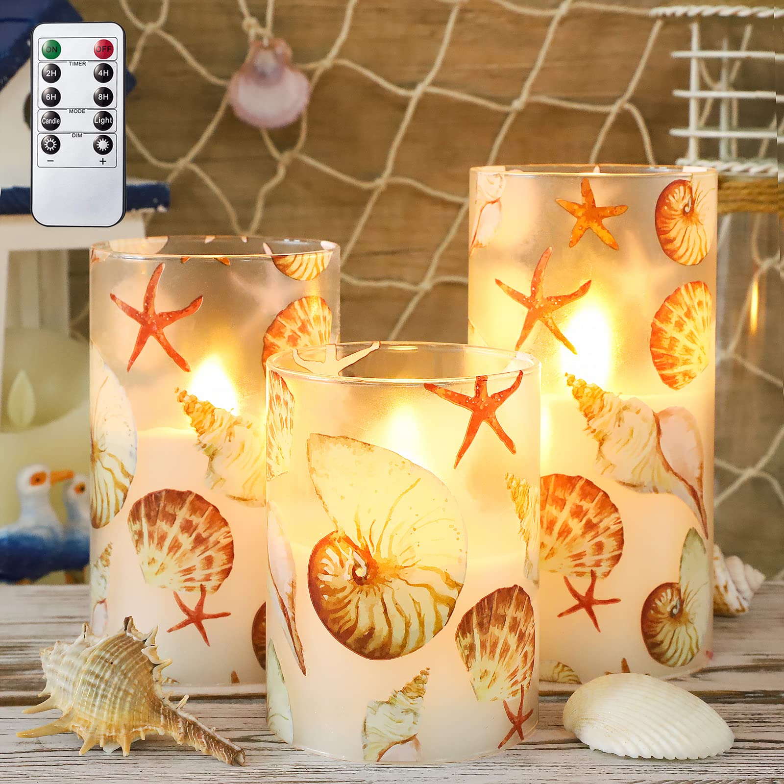 Remote Control LED Battery Operated Candles Set of 3 - Real Wax Ocean Decor with Shell & Starfish for Fireplace, Christmas, Bedroom, Nautical Theme Party & Home Decor | Flameless Safe Lighting for Romantic Ambiance