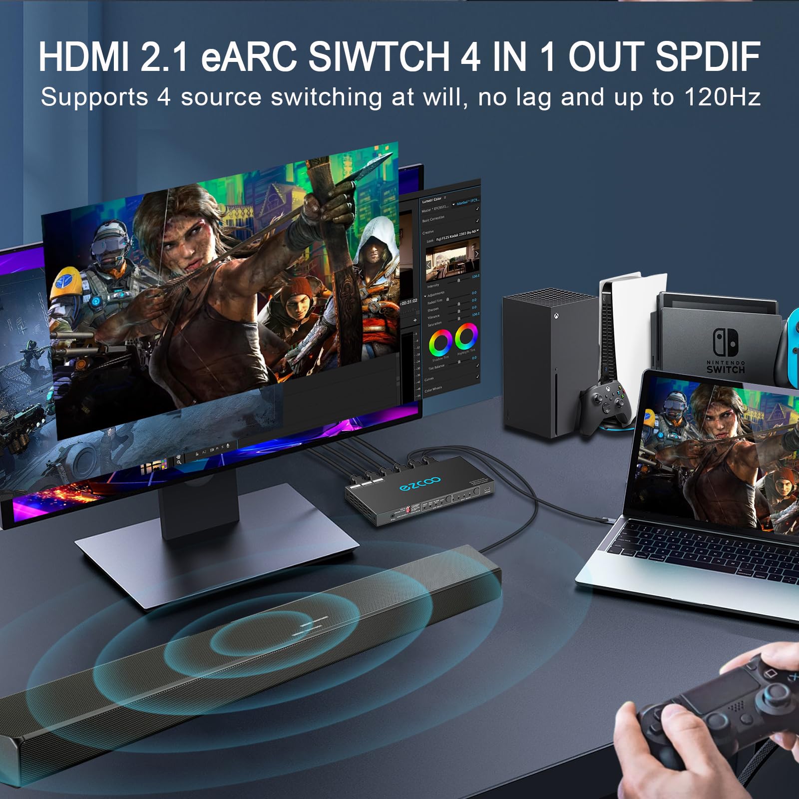 4K HDMI Switch 2.1 with 120Hz, eARC, VRR & ALLM - 4 Port 4x1 HDCP 2.3 HDR10 Splitter with Optical SPDIF & 3.5mm Audio Output - IR Remote Control for PS5, Xbox, AMD - Perfect for Home Theater & Gaming Setup