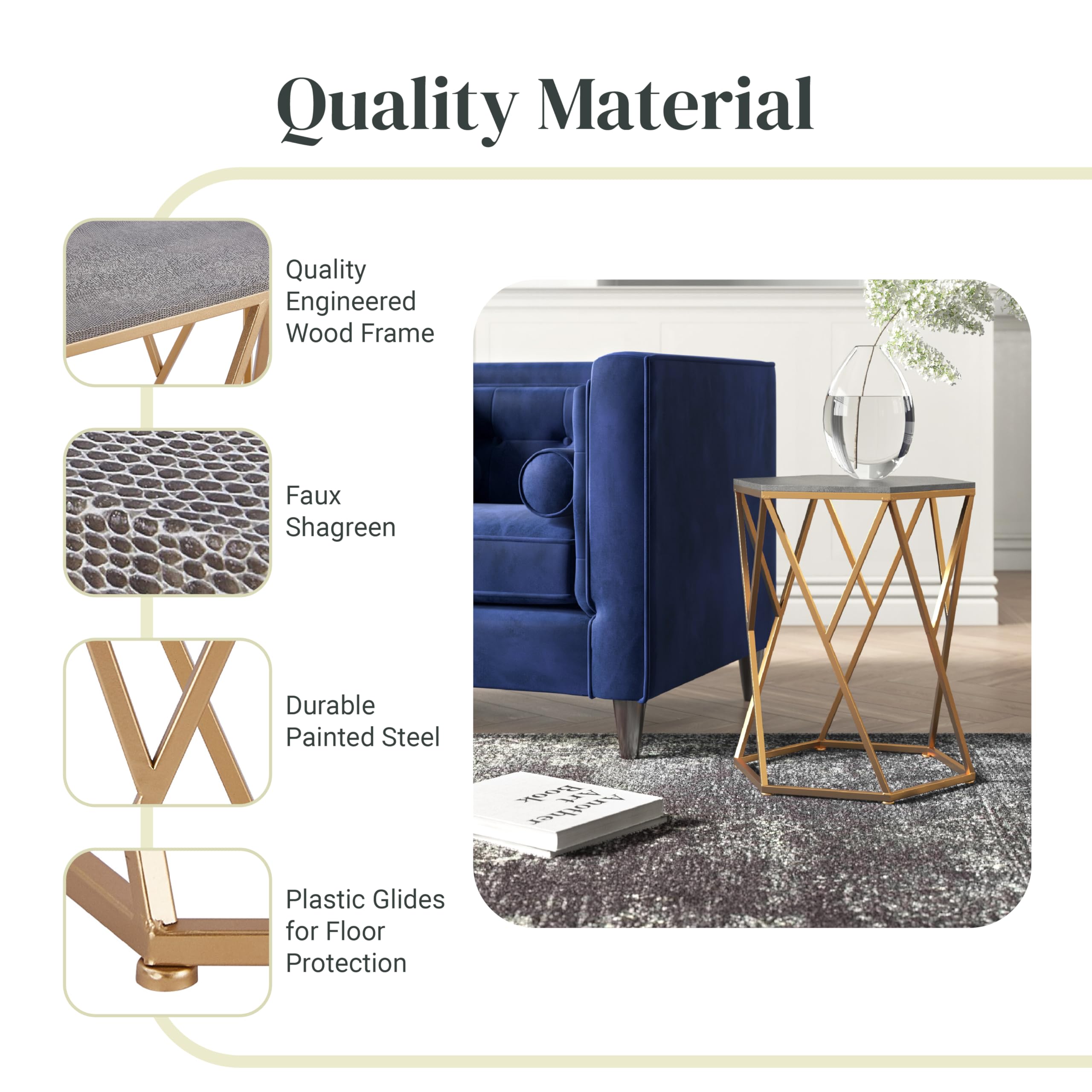 Cressa Faux Shagreen Side Table or End Table in Gray - Modern Accent Furniture for Living Room, Bedroom & Office Decor