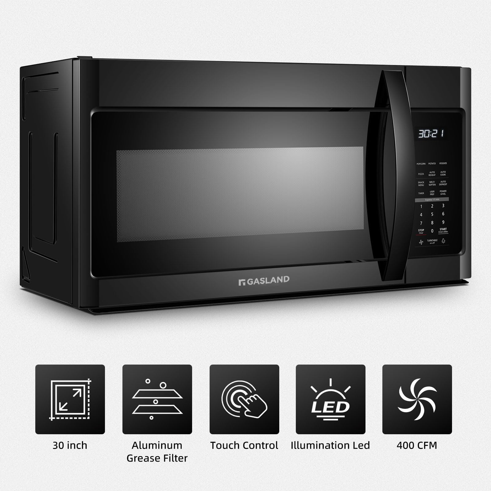 GASLAND 1.9 Cu. Ft. 30 Inch Over the Range Microwave Oven - 1000W, 400 CFM Exhaust Fan, LED Light & 13.5