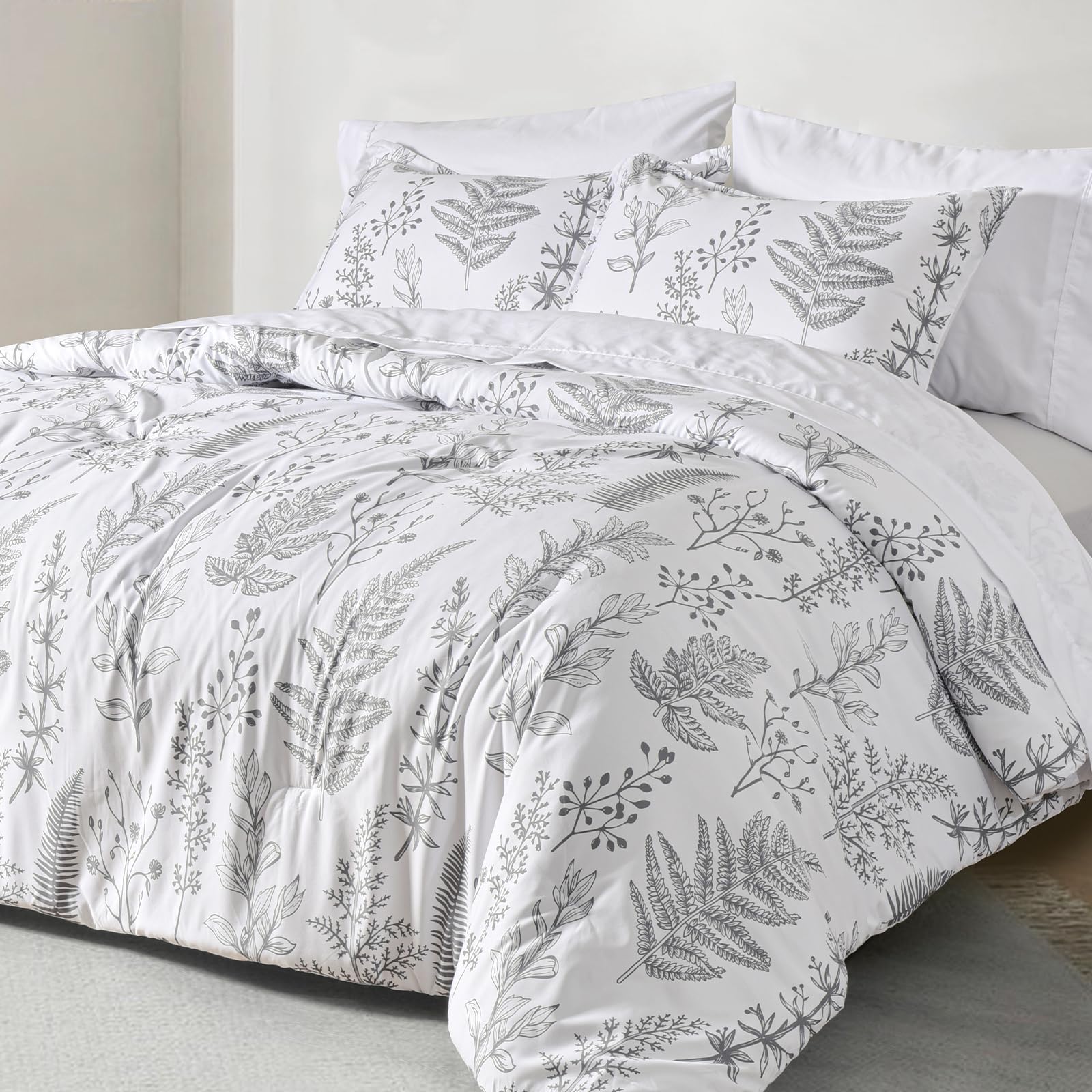 PHF 7-Piece King Comforter Set - Ultra Soft Reversible Botanical Bedding | Includes Comforter, Pillow Shams, Flat Sheet, Fitted Sheet & Pillowcases | Perfect for Master Bedroom, Guest Room & Cozy Home Decor | White