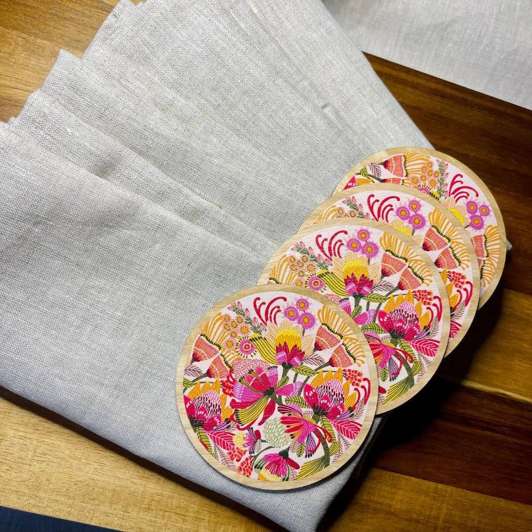 Premium Wild Proteas Wooden Coasters & Napkin Holder Set - Natural Wood Drink Coasters with Floral Design - Perfect for Dining Table, Kitchen, and Home Decor
